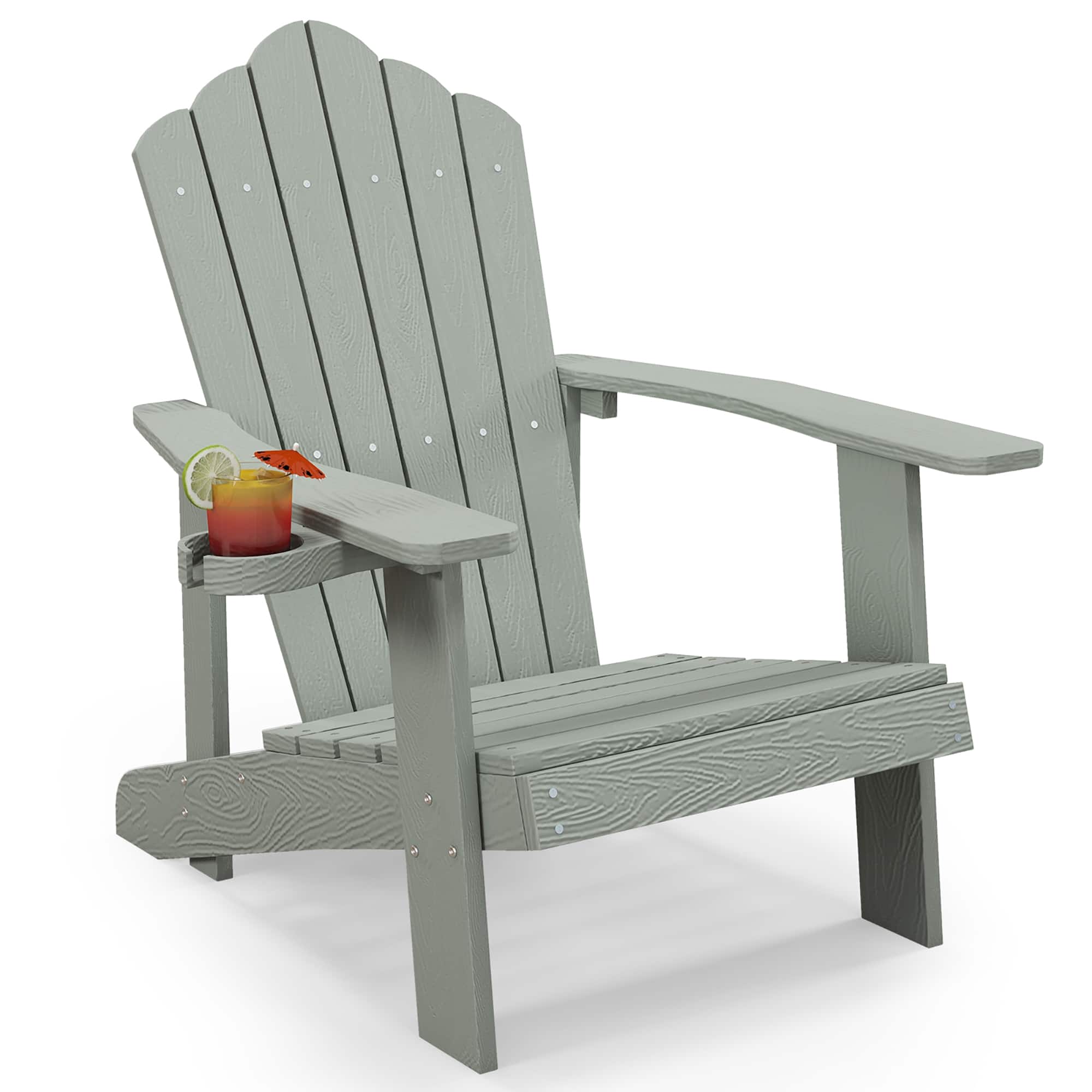 Gymax - Patio HIPS Outdoor Weather Resistant Slatted Chair Adirondack Chair w/ Cup Holder Light Grey - Light Gray