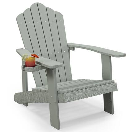 Front. Gymax - Gymax Patio HIPS Outdoor Weather Resistant Slatted Chair Adirondack Chair w/ Cup Holder Light Grey - Light Grey.