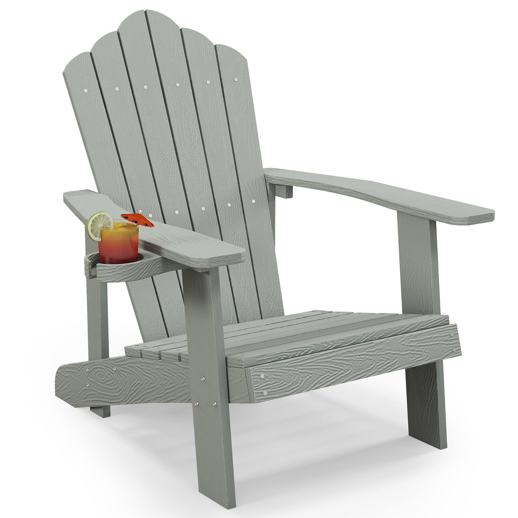 Front. Gymax - Gymax Patio HIPS Outdoor Weather Resistant Slatted Chair Adirondack Chair w/ Cup Holder Light Grey - Light Grey.