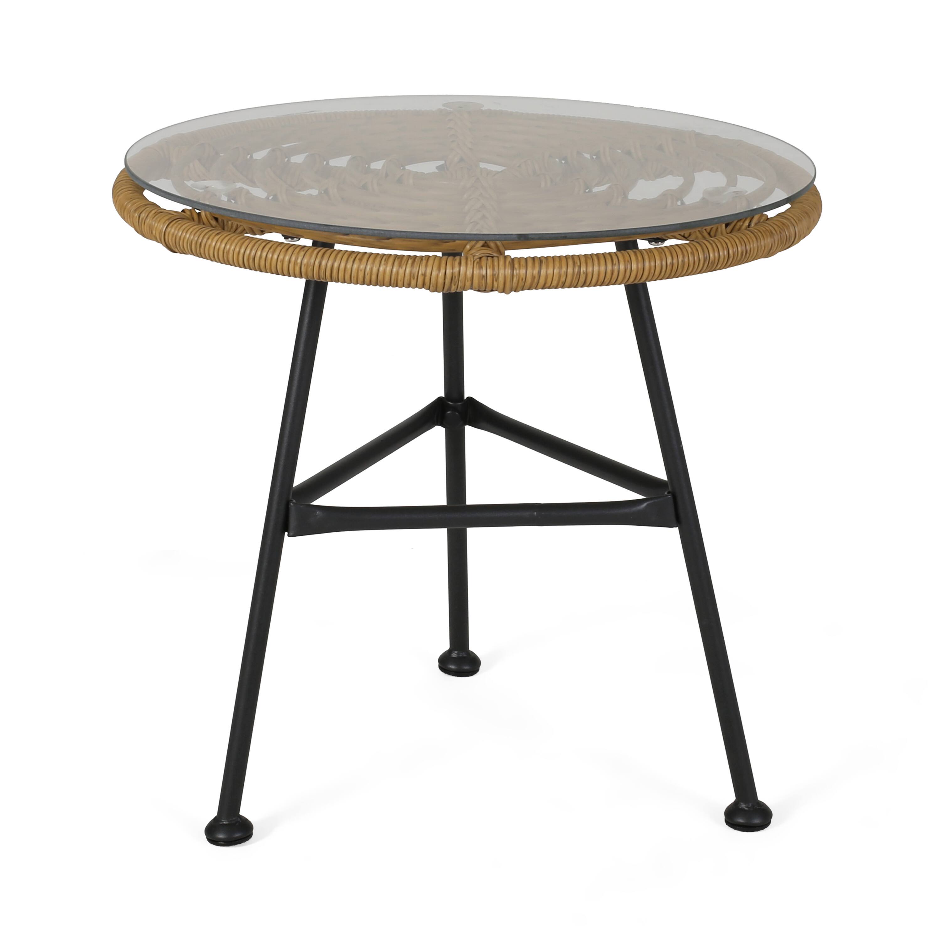 Angle. APRILSOUL - Orlando Outdoor Glass Top Faux Rattan Side Table Tempered Glass Top End Table - Light Brown.