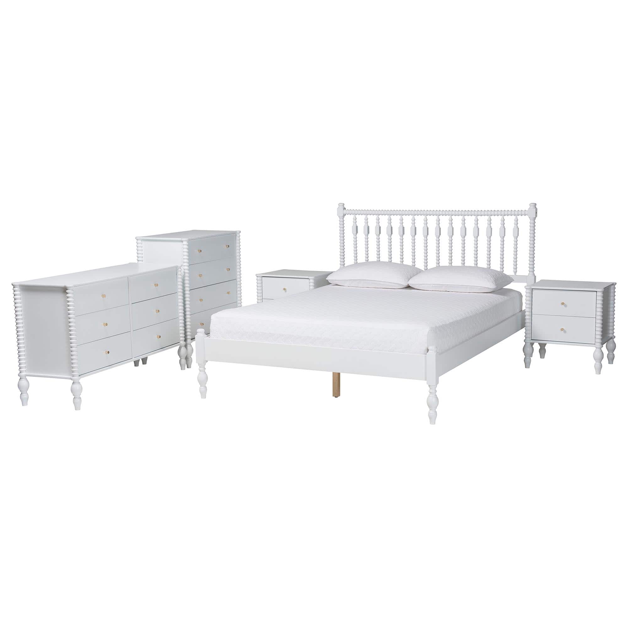 Baxton Studio - Callison Spindle 5-Piece Bedroom Set - Platform Bed with Matching Dresser, Chest, and 2-Drawer Nightstands, Queen - White