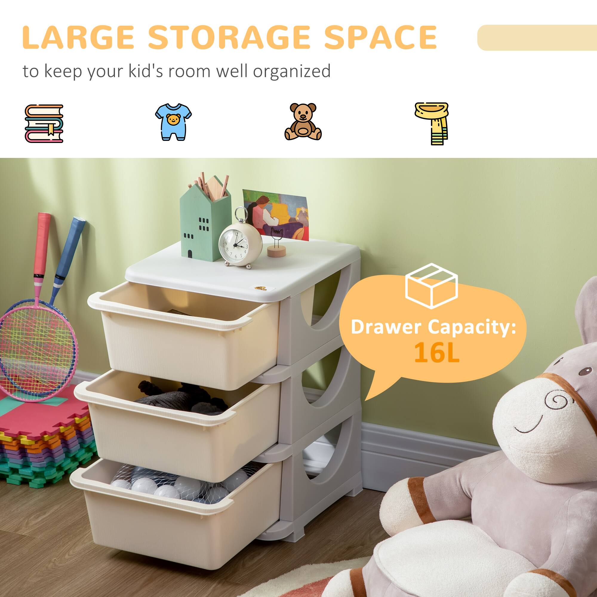LARGE STORAGE SPACE  
to keep your kid's room well organized  

Drawer Capacity: 16L