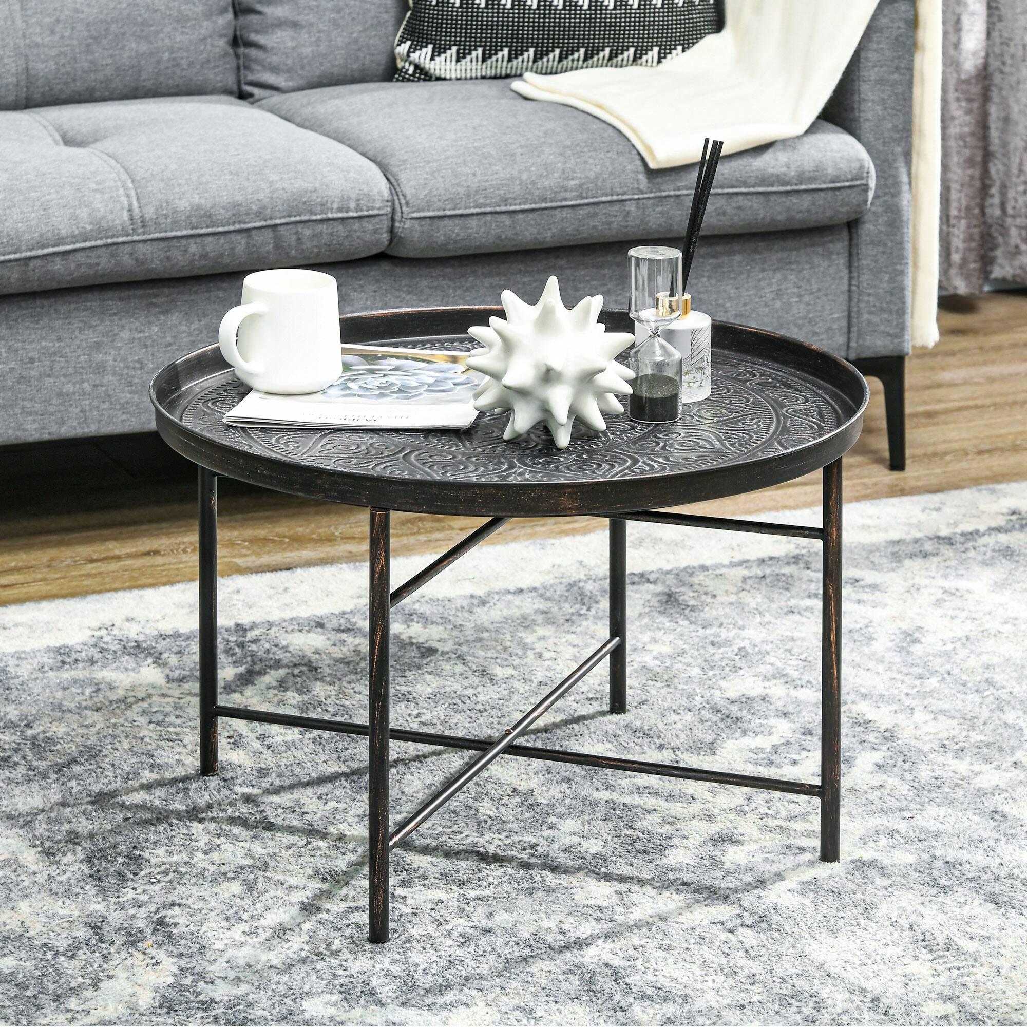 Alt View 1. Homcom - 24" Round Coffee Table with Hammered Tray Top, Vintage Metal Center Table for Living Room, Bedroom, Side Table, Pewter - Pewter.