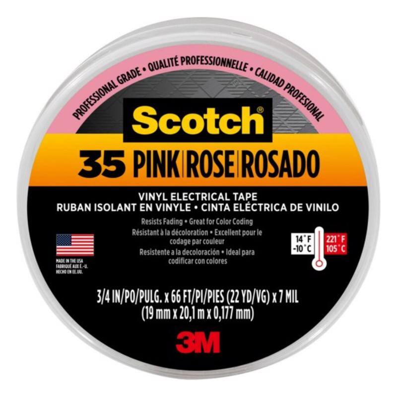 QUALITÉ PROFESSIONNELLE GRADE CALIDAD PROFESSIONAL Scotch PROFESIONAL 35 PINK ROSE ROSADO VINYL ELECTRICAL TAPE RUBAN ISOLANT EN VINYLE CINTA ELÉCTRICA DE VINILO Resists Fading Great for Color Coding Rsistant la dcoloration Excellent pour le codage par couleur 14'F 221'F Resistente la decoloracin Ideal -10C 105C a para MADE IN USA codificar con colores HECHO

3/4 IN/PO/PULG. X 66 FT/P1/PIES (22YD/VG) X 7 MIL (19 mm X 20,1 m X 0,117 mm) 3M