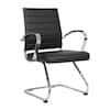 Front. LeisureMod - Benmar Office Chair, Ribbed Leather Upholstery with Chrome Arms and Sled Base, Modern Desk Seating for Home or Office - Black.