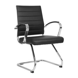 LeisureMod - Benmar Office Chair, Ribbed Leather Upholstery with Chrome Arms and Sled Base, Modern Desk Seating for Home or Office - Black