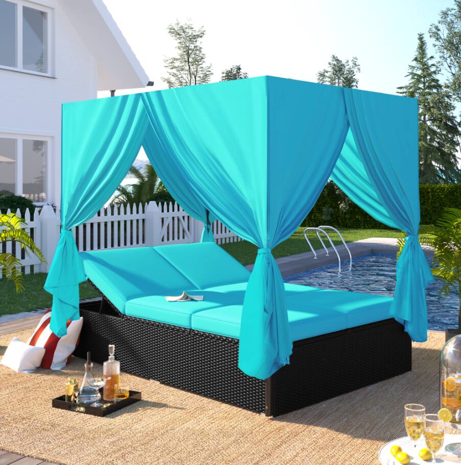 Angle. Mondawe - Outdoor Double Chaise Lounge Daybed with Curtains and Adjustable Backrest - Blue.