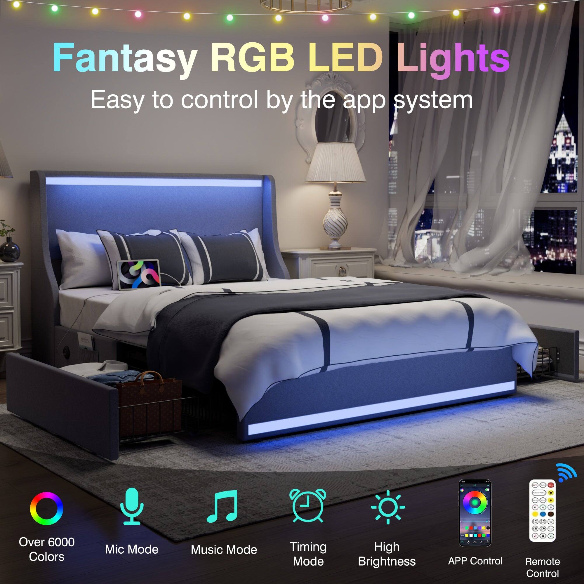 Fantasy RGB LED Lights  
Easy to control by the app system  

- Over 6000 Colors  
- Mic Mode  
- Music Mode  
- Timing Mode  
- High Brightness  
- APP Control  
- Remote Control