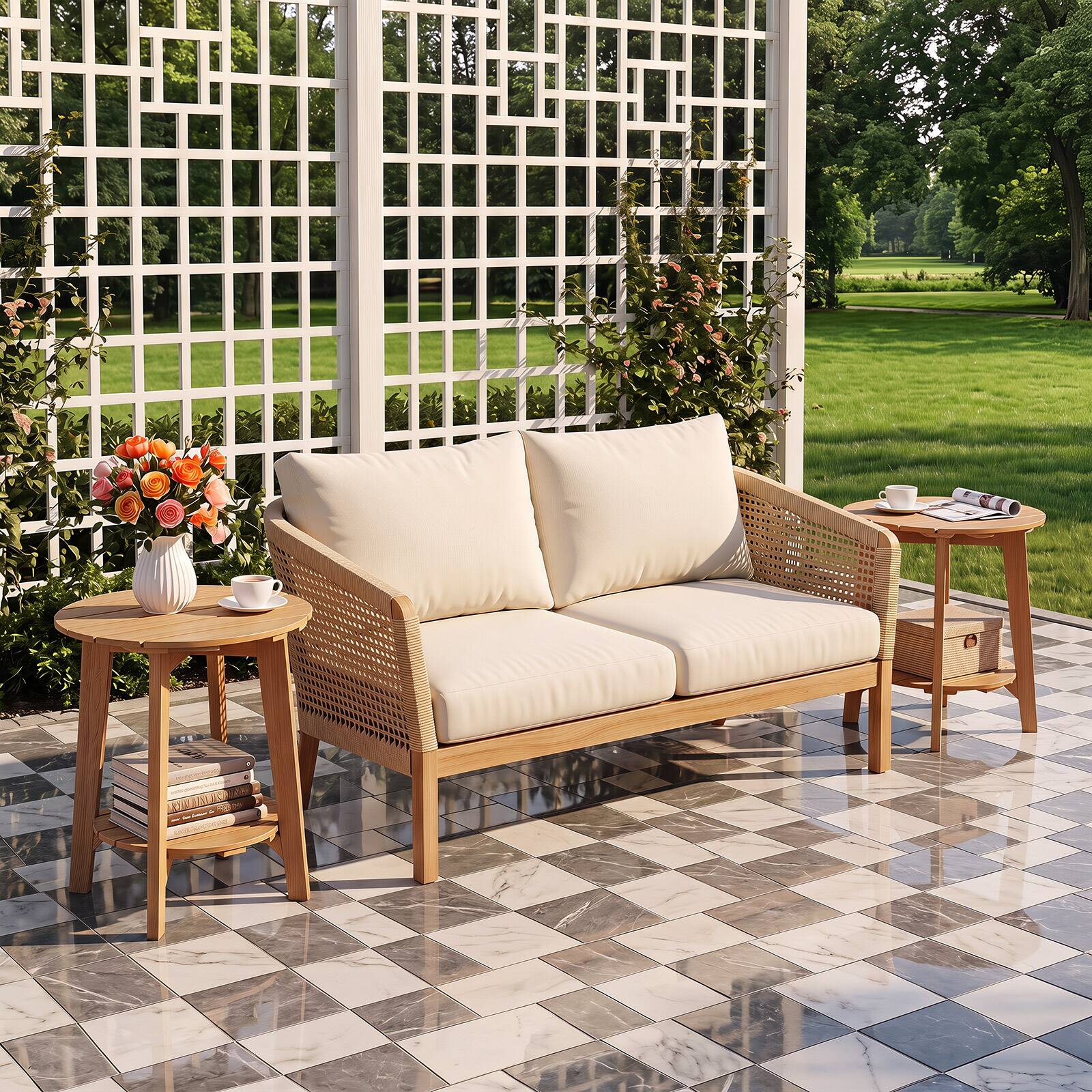 Alt View 3. Gymax - Gymax 2PCS Outdoor Eucalyptus Wood Side Table 2-Tier End Table Slatted Tabletop Natural - Yellow.