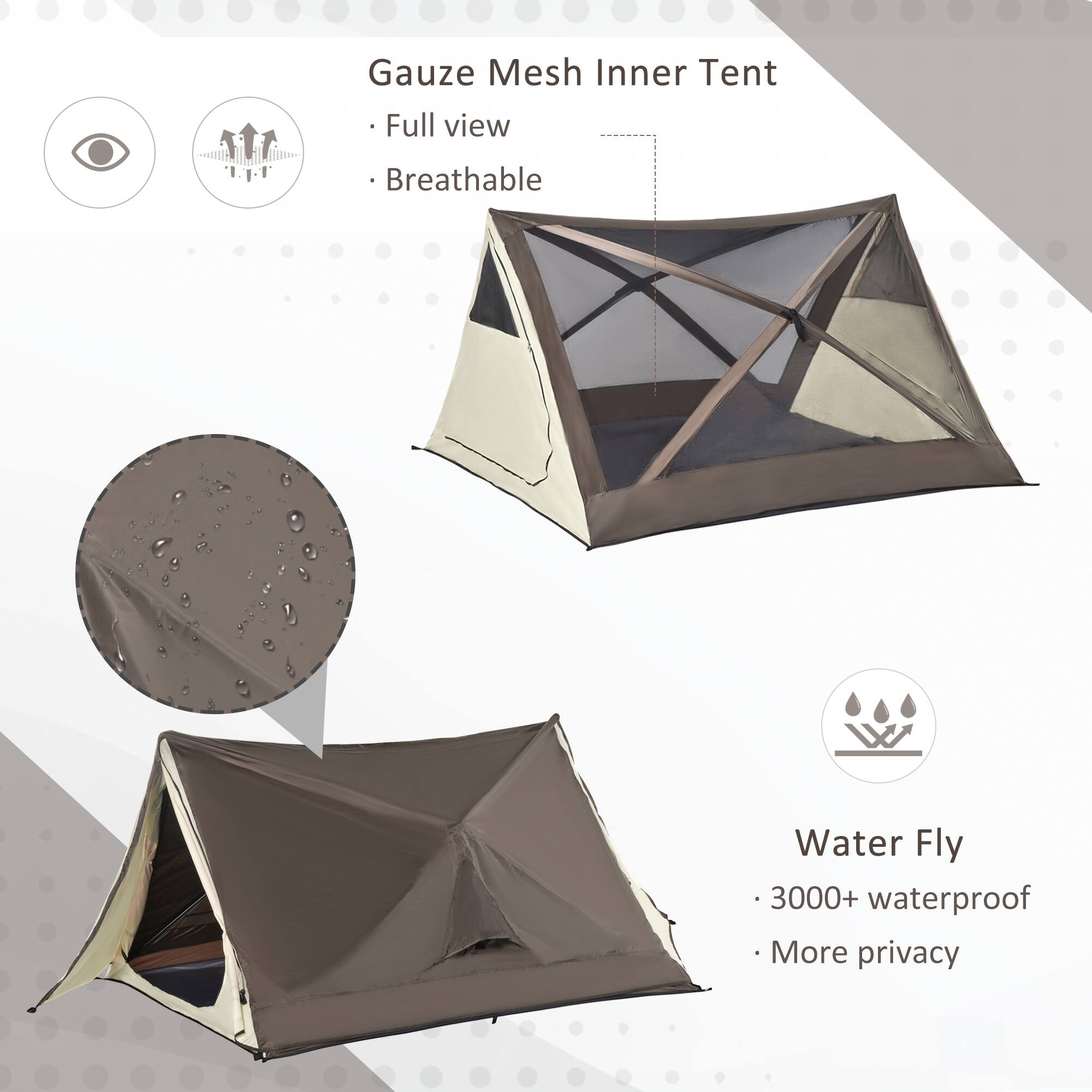 Gauze Mesh Inner Tent  
- Full view  
- Breathable  

Water Fly  
- 3000+ waterproof  
- More privacy