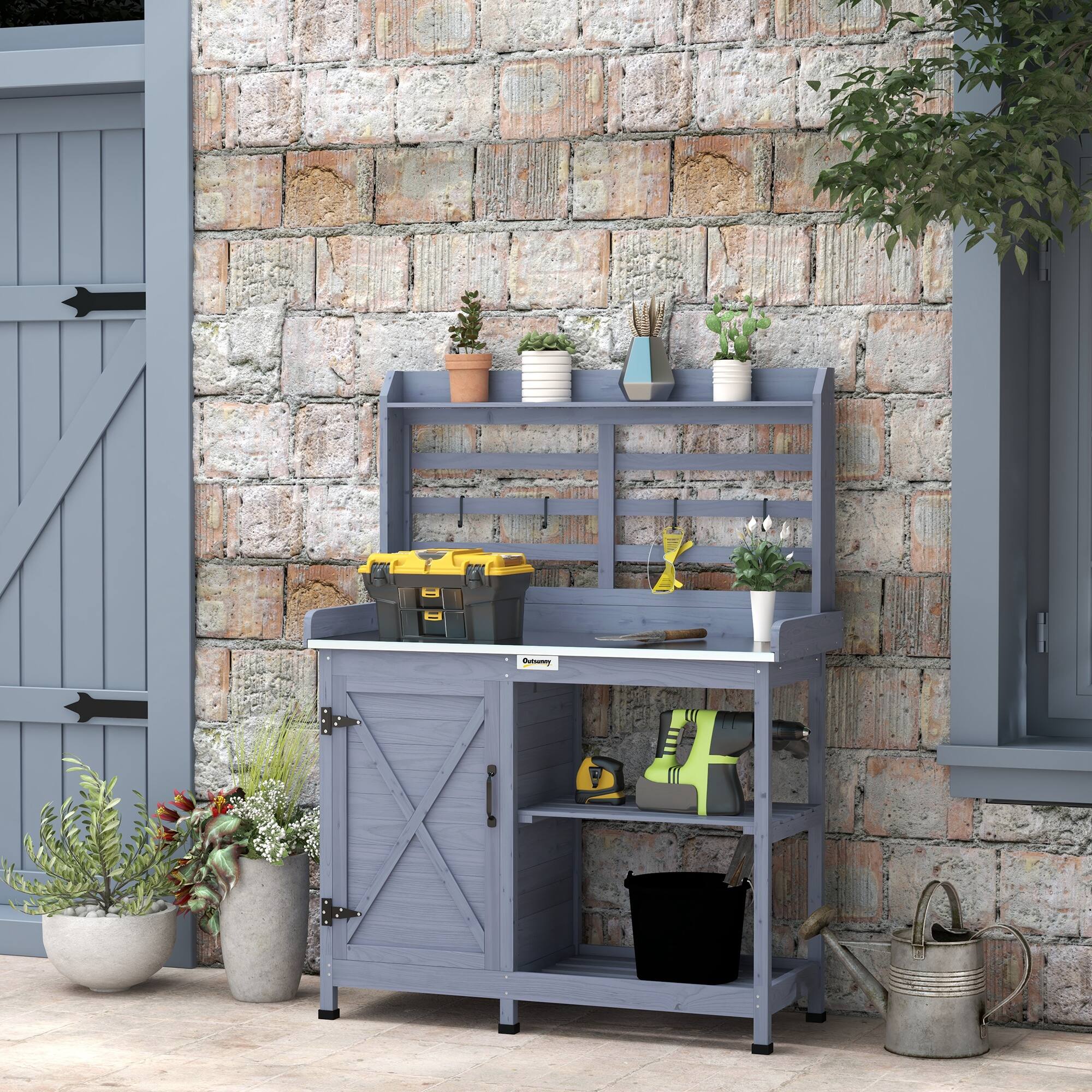 Alt View 1. Outsunny - Potting Bench with Storage, Aluminum Tabletop for Backyard, Patio - Gray.