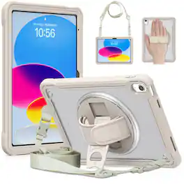 Dteck - Hybrid Rugged Case for iPad 11th(A16) 2025/10th Gen 2022 Shockproof Handstrap Foldable Kickstand Cover+Crossbody Strap - Khaki