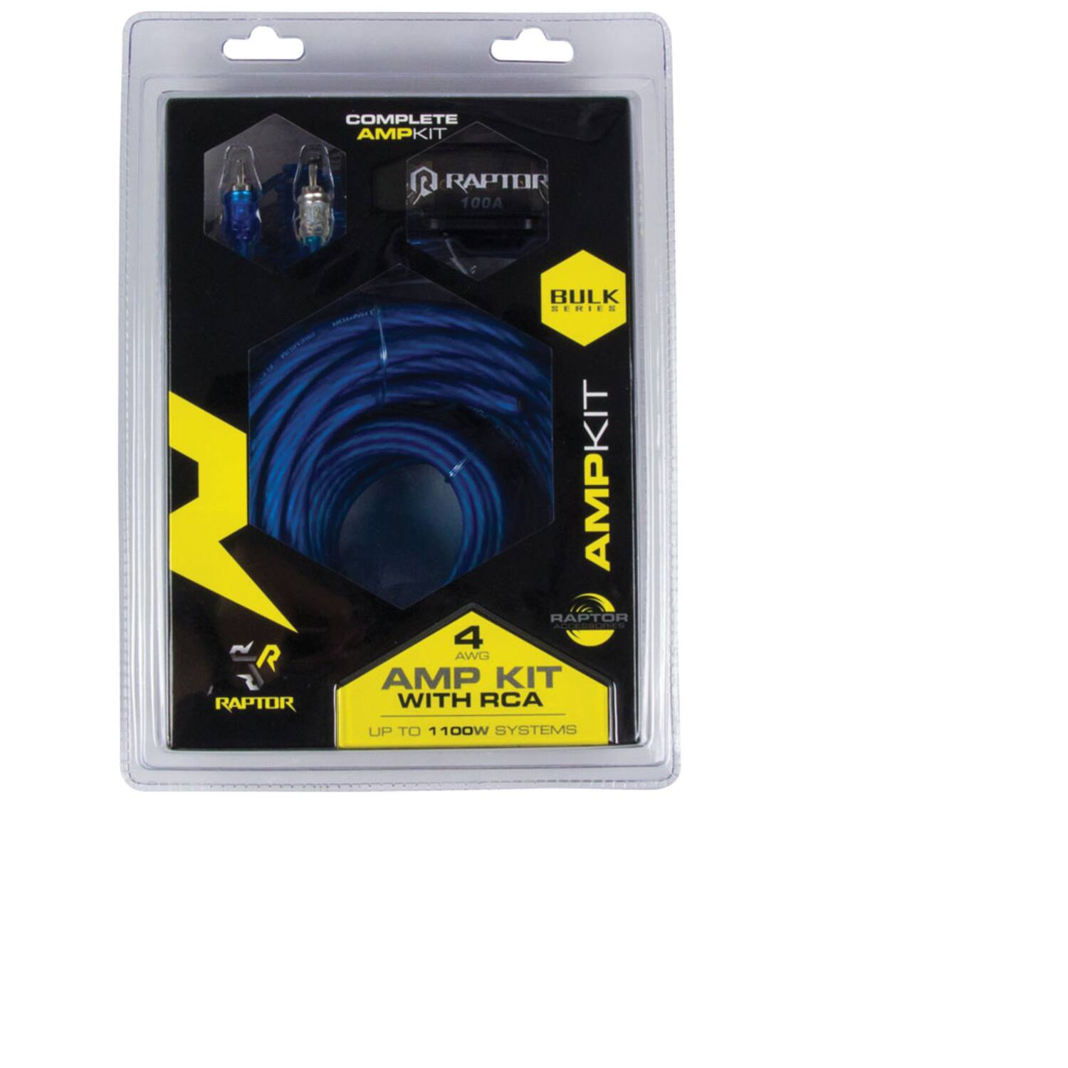 COMPLETE AMPKIT R RAPTOR 100A  
BULK SERIES  
AMPKIT  
4 AWG  
AMP KIT WITH RCA  
UP TO 1100W SYSTEMS