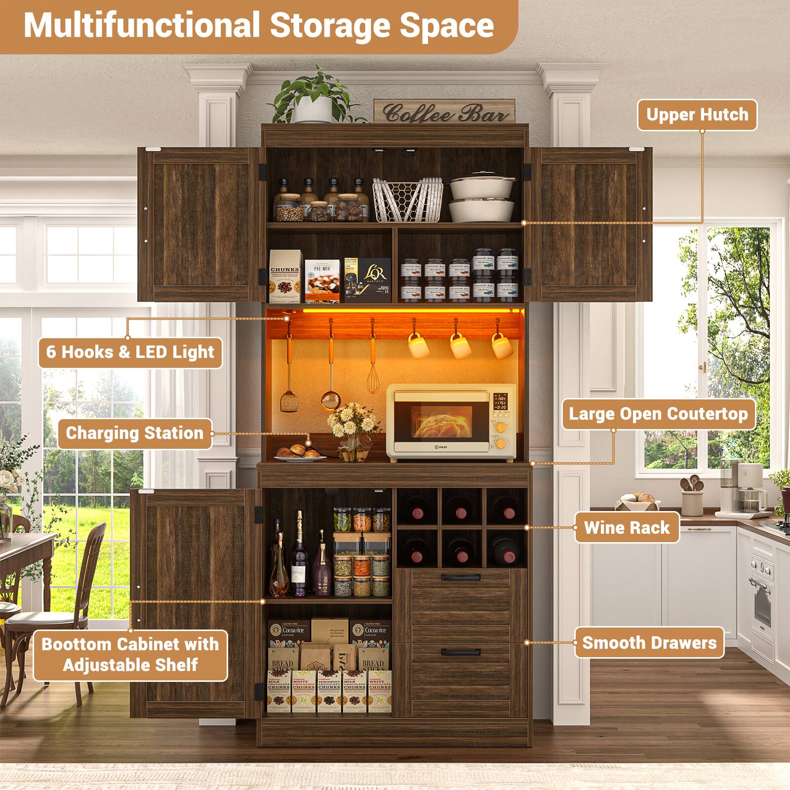Multifunctional Storage Space Collee Bar Upper Hutch URR P 1 A -d 6 Hooks & LED Light Charging Station: - Large Open Countertop Wine Rack - Bottom Cabinet with Adjustable Shelf - Smooth Drawers