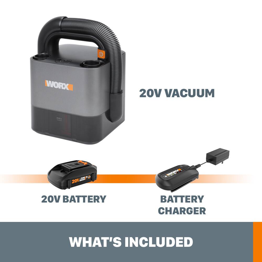 WORX 20V VACUUM max HP 201 SRAR SPCRE 20V BATTERY BATTERY CHARGER WHAT'S INCLUDED