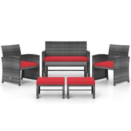 Gymax - Set Of 6 Patio Furniture Outdoor Sectional Conversation PE Rattan Sofa Set Red - Mix Brown, Red