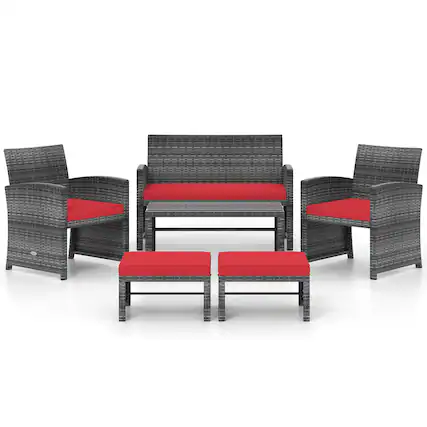 Front. Gymax - Gymax Set Of 6 Patio Furniture Outdoor Sectional Conversation PE Rattan Sofa Set Red - Mix Brown, Red.