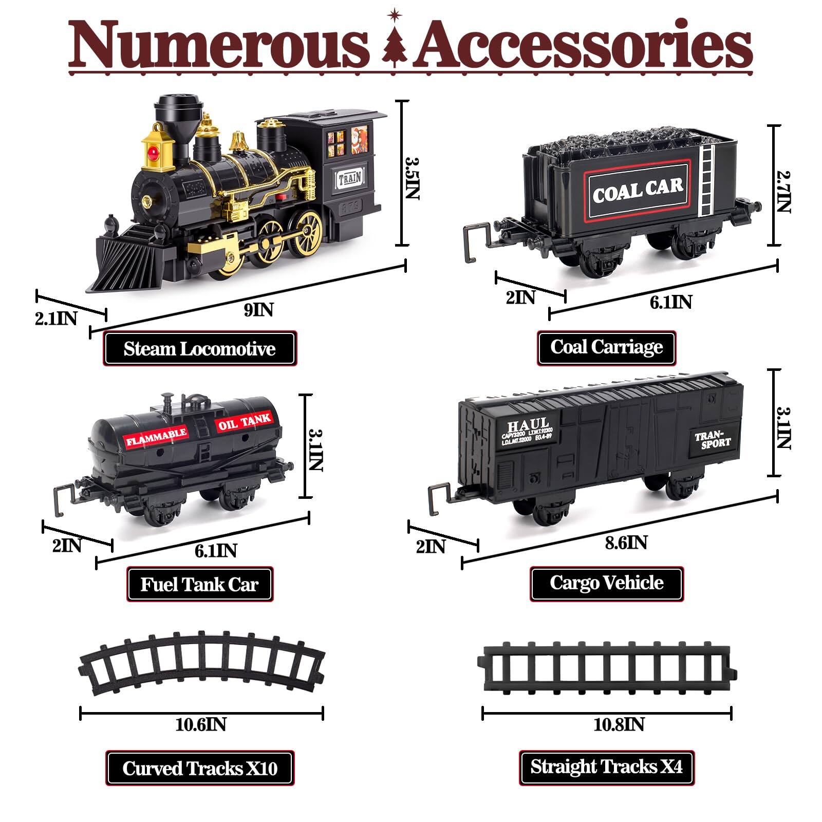 Numerous Accessories

- Steam Locomotive
  - 9IN
  - 2.1IN
  - 2.7IN

- Coal Carriage
  - 2.7IN
  - 6.1IN
  - 2IN

- Fuel Tank Car
  - 3.1IN
  - 6.1IN
  - 2IN

- Cargo Vehicle
  - 8.6IN
  - 2IN
  - 10.8IN

- Curved Tracks X10
  - 10.6IN

- Straight Tracks X4
  - 10.8IN