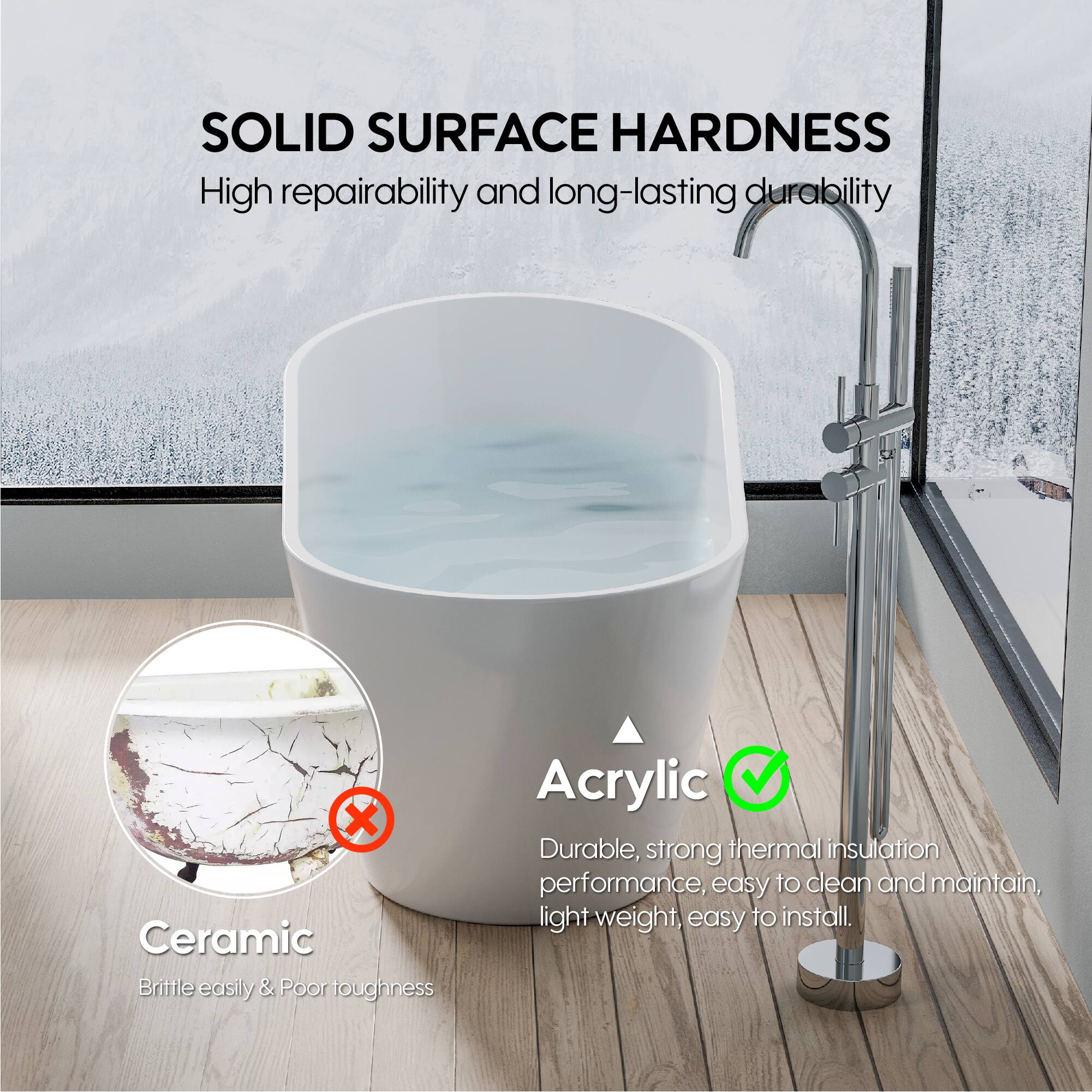 SOLID SURFACE HARDNESS  
High repairability and long-lasting durability  

Ceramic  
Brittle easily & Poor toughness  

Acrylic  
Durable, strong thermal insulation performance, easy to clean and maintain, light weight, easy to install.