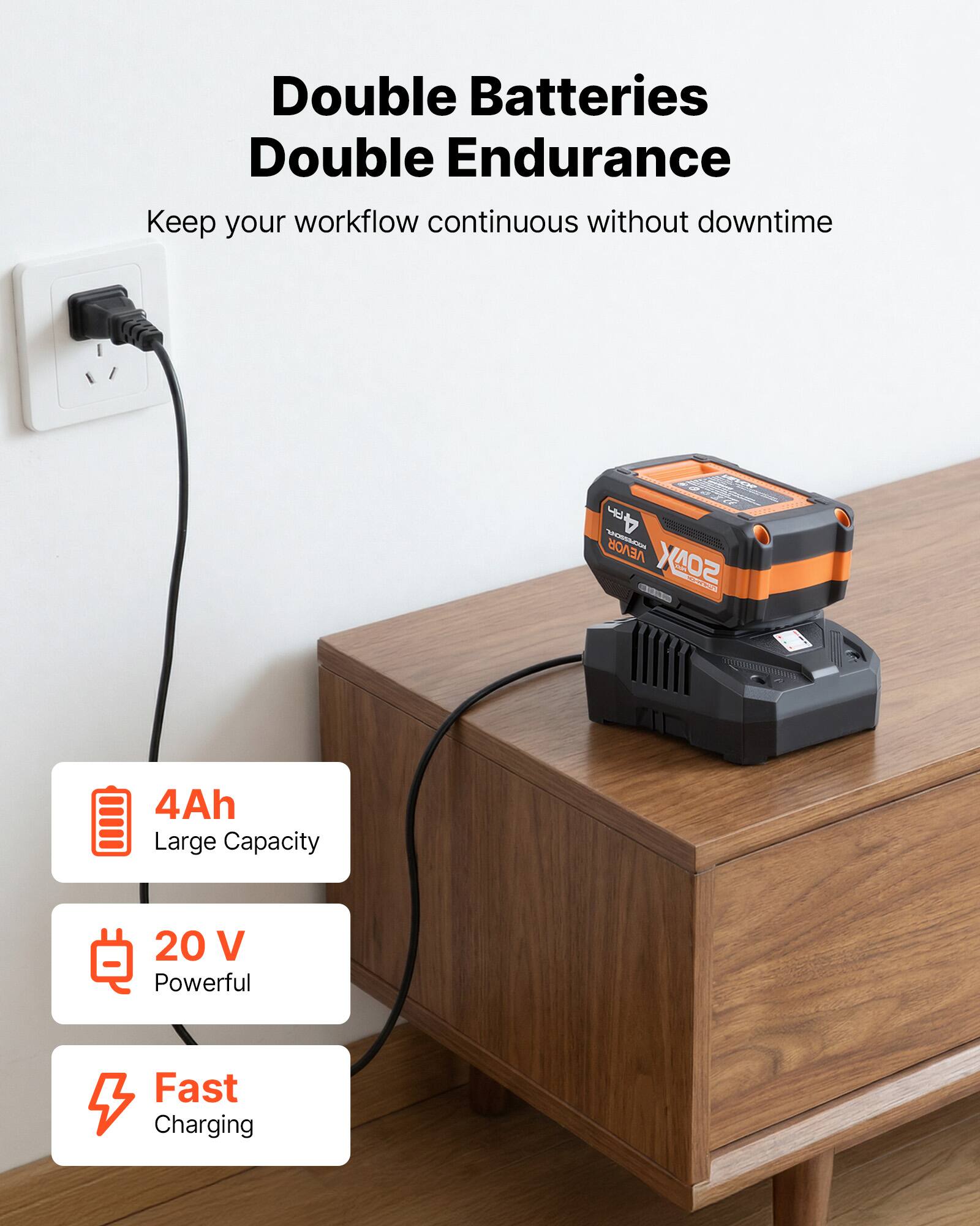 Double Batteries Double Endurance  
Keep your workflow continuous without downtime  

4Ah Large Capacity  
20 V Powerful  
Fast Charging
