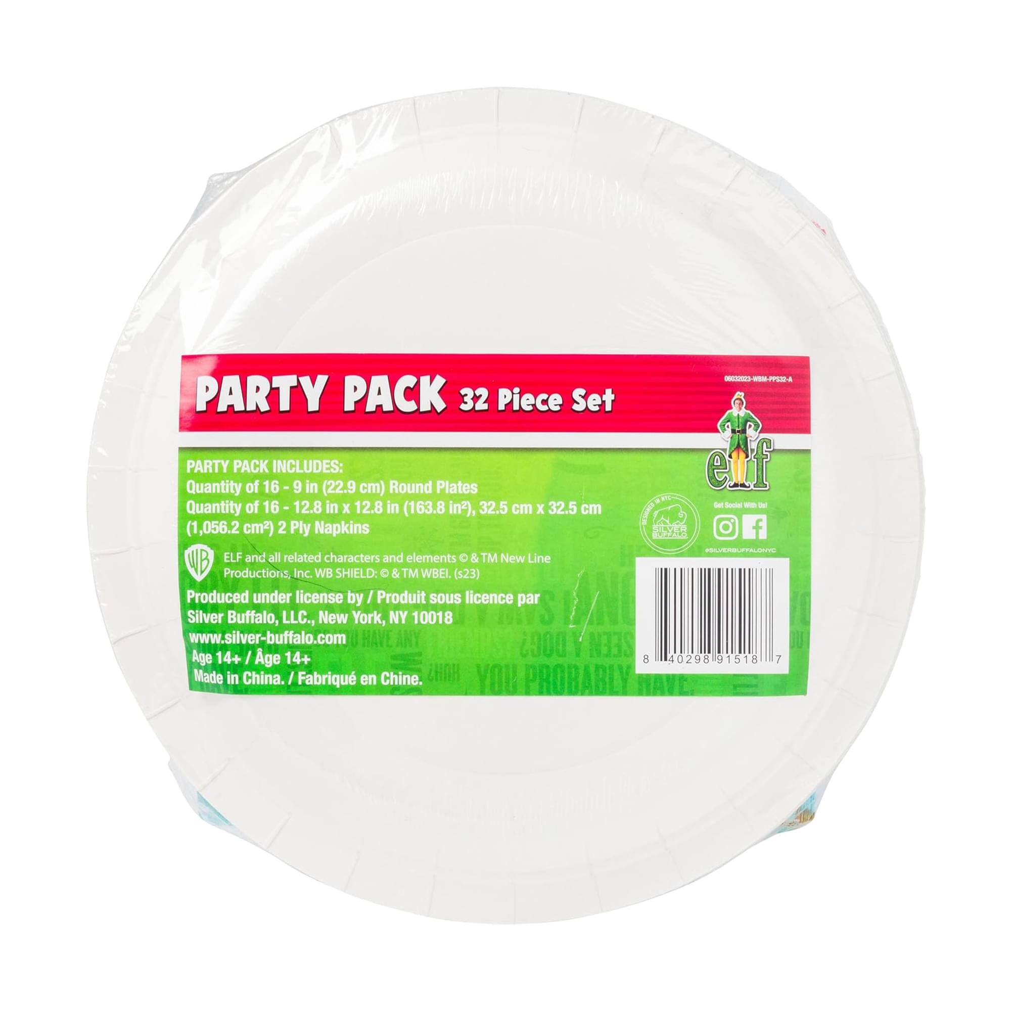 **PARTY PACK 32 Piece Set**

**PARTY PACK INCLUDES:**
- Quantity of 16 - 9 in (22.9 cm) Round Plates
- Quantity of 16 - 12.8 in x 12.8 in (32.5 cm x 32.5 cm) 2 Ply Napkins (1,056.2 cm²)

**ELF and all related characters and elements © & ™ New Line Productions, Inc. WB SHIELD: © & ™ WBEL (s23)**
Produced under license by / Produit sous licence par Silver Buffalo, LLC., New York, NY 10018
www.silver-buffalo.com

**Age 14+ / Age 14+**

**Made in China. / Fabriqué en Chine.**

**YOU PROBABLY HAVE A DOG? SEEN**

**New Line**

**Silver Buffalo, LLC.**

**Facebook and Instagram icons with handle: @silverbuffalo**