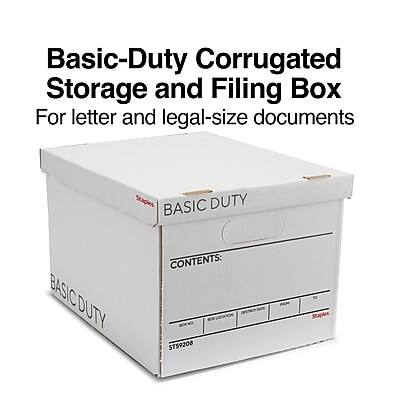 Basic-Duty Corrugated Storage and Filing Box  
For letter and legal-size documents  

BASIC DUTY  
CONTENTS:  
ST59208  
Staples