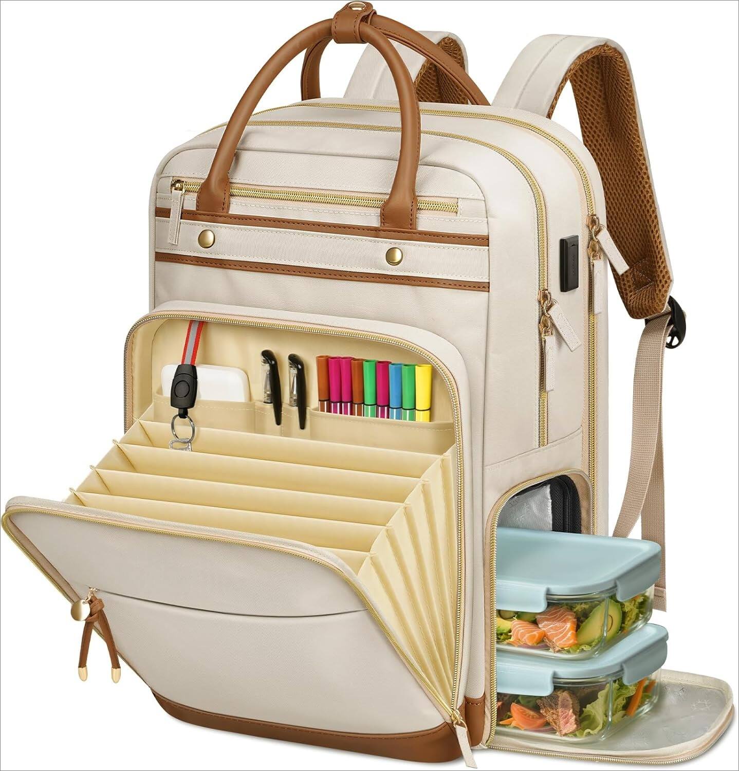 Front. ZUQIETA - ZUQIETA  15.6" Teacher Backpack with Detachable Lunch Compartment, USB Port & Organizer for Work, College & Commute - Beige.