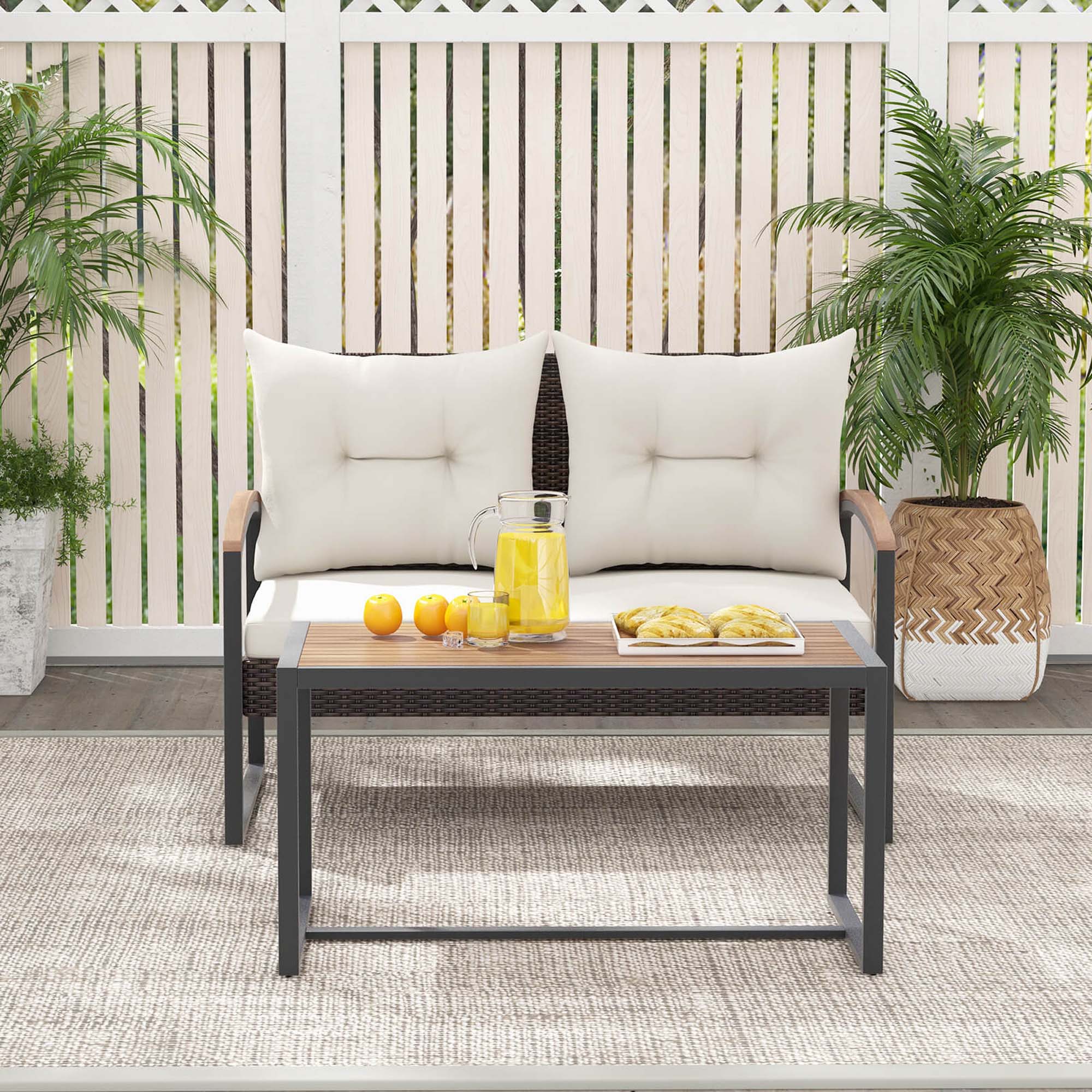 Angle. Costway - 2 PCS Patio PE Wicker Furniture Set Loveseat with Acacia Wood Coffee Table Outdoor - Off White,Mix Brown.