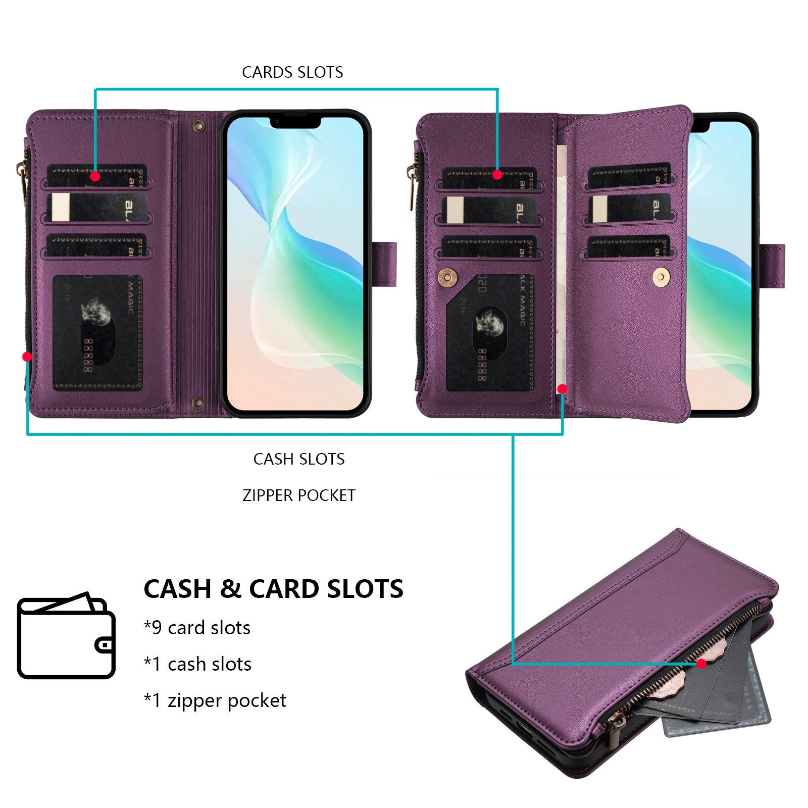 CARDS SLOTS

CASH SLOTS
ZIPPER POCKET

CASH & CARD SLOTS
*9 card slots
*1 cash slots
*1 zipper pocket