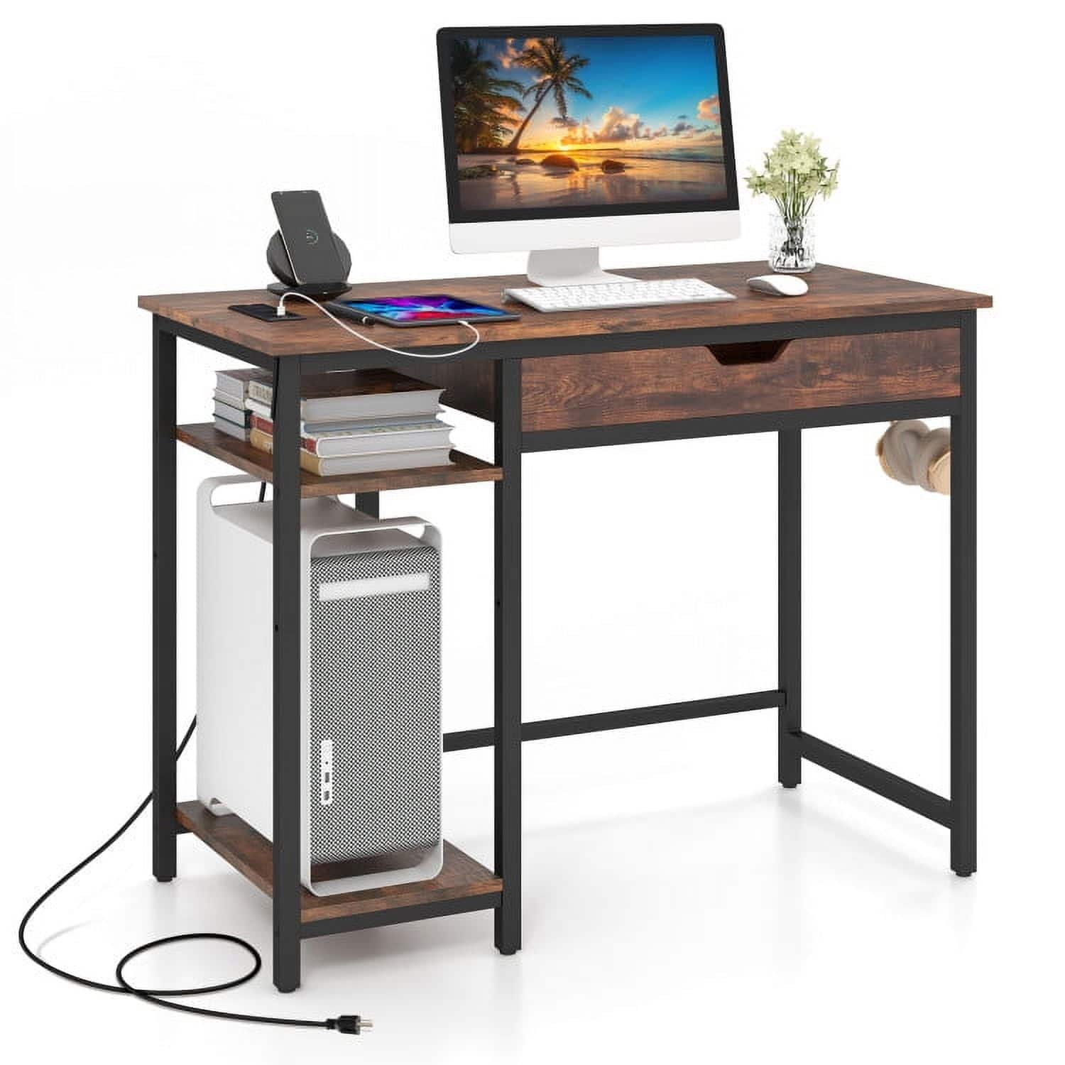 Pefilos - Computer Desk with Charging Station & Drawer & Adjustable Shelf-Rustic Office Desk, Desks, Working, Writing - Brown