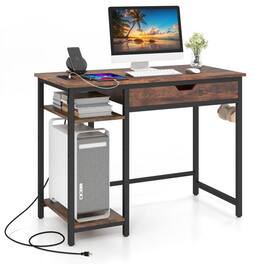 Pefilos - Computer Desk with Charging Station & Drawer & Adjustable Shelf-Rustic Office Desk, Desks, Working, Writing - Brown