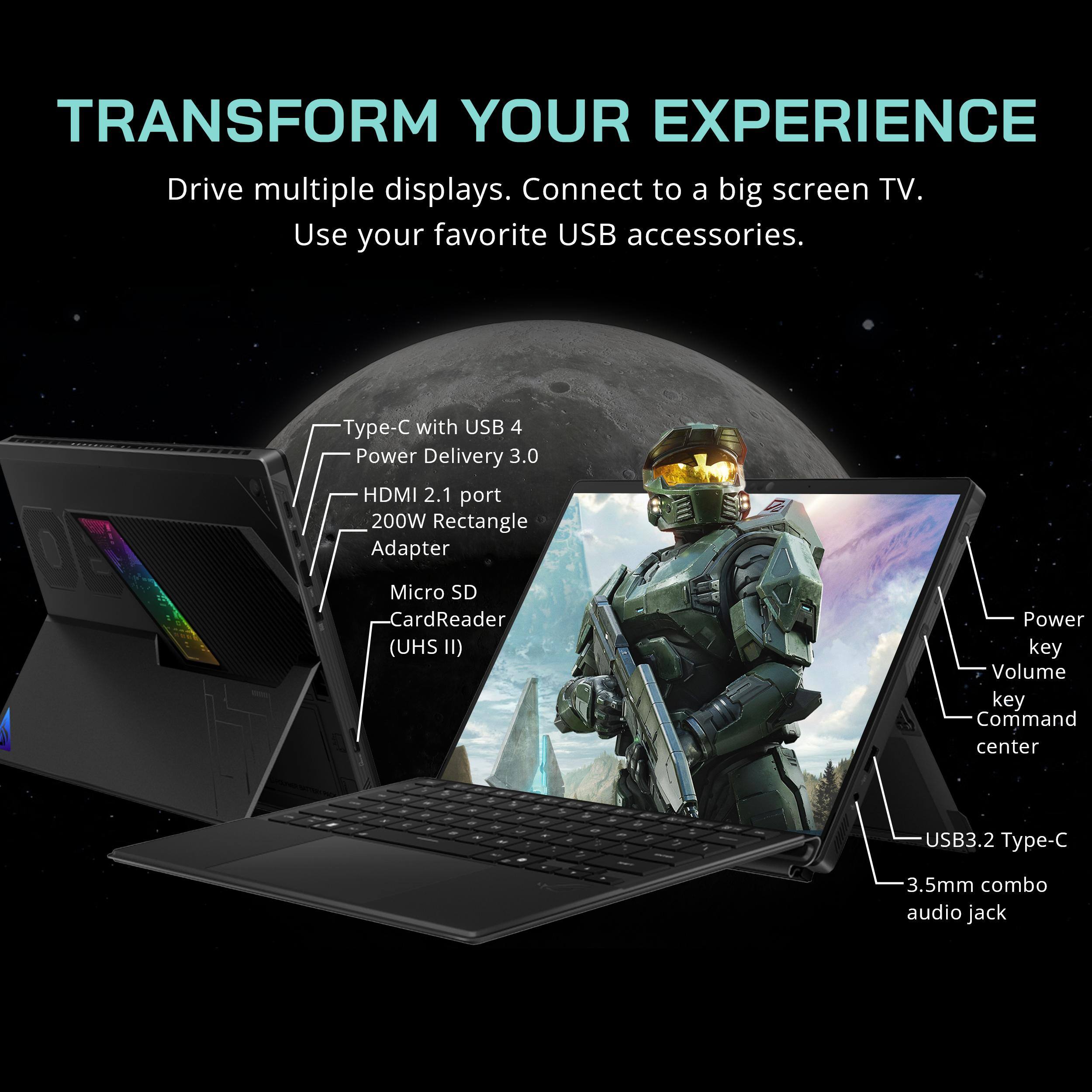 TRANSFORM YOUR EXPERIENCE  
Drive multiple displays. Connect to a big screen TV. Use your favorite USB accessories.  

- Type-C with USB 4  
- Power Delivery 3.0  
- HDMI 2.1 port  
- 200W Rectangle Adapter  
- Micro SD Card Reader (UHS II)  
- Power key  
- Volume key  
- Command center  
- USB3.2 Type-C  
- 3.5mm combo audio jack