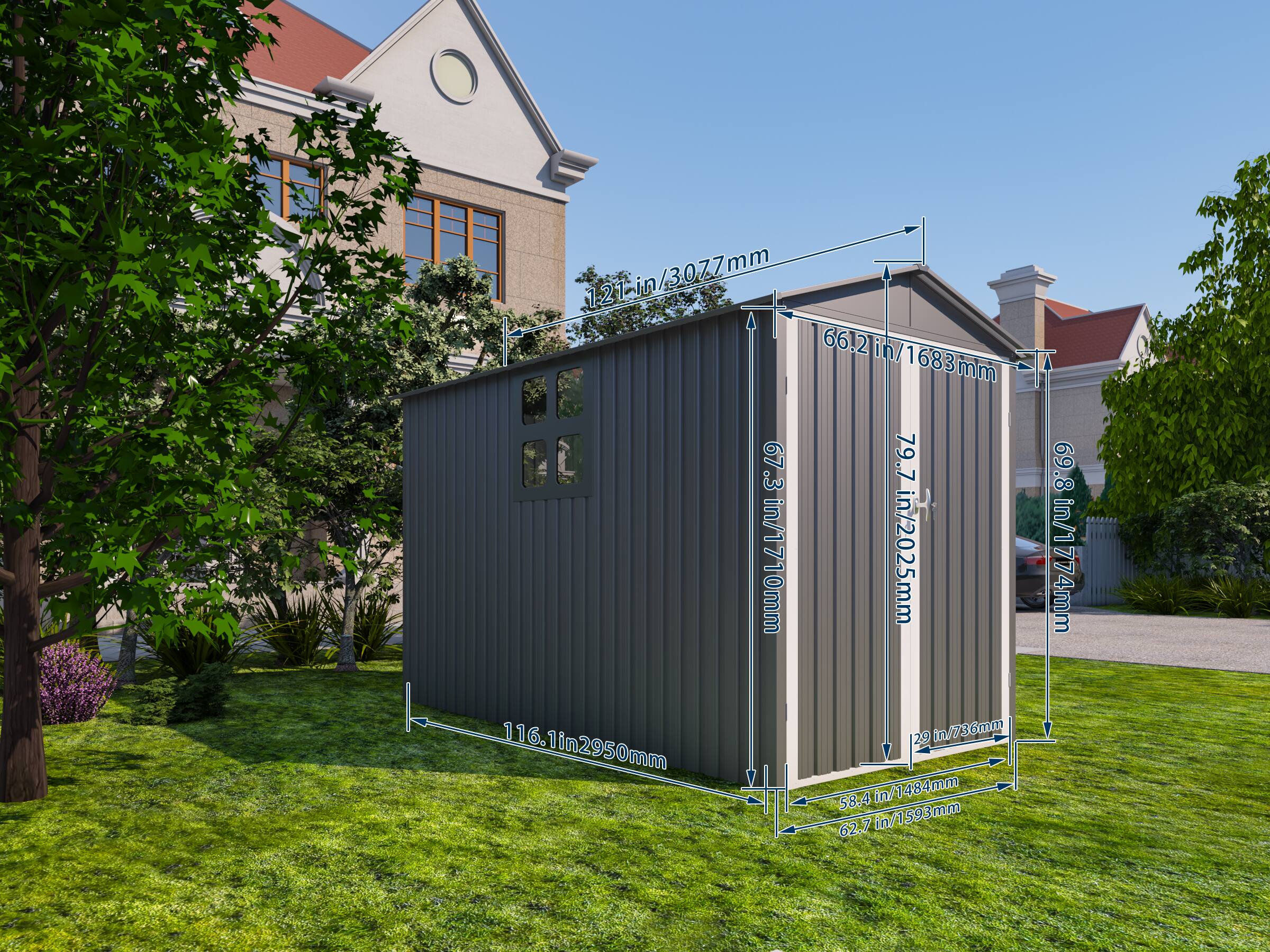 121 in/3077mm  
1.21 in/30.77mm  
66.2 in/1683mm  
79.7 in/1710mm  
69.8 in/1774mm  
29 in/736mm  
116.1 in/2950mm  
58.4 in/1484mm  
62.7 in/1593mm  
67.3 in/1710mm  
69.8 in/1774mm  
29 in/736mm  
116.1 in/2950mm  
58.4 in/1484mm  
62.7 in/1593mm