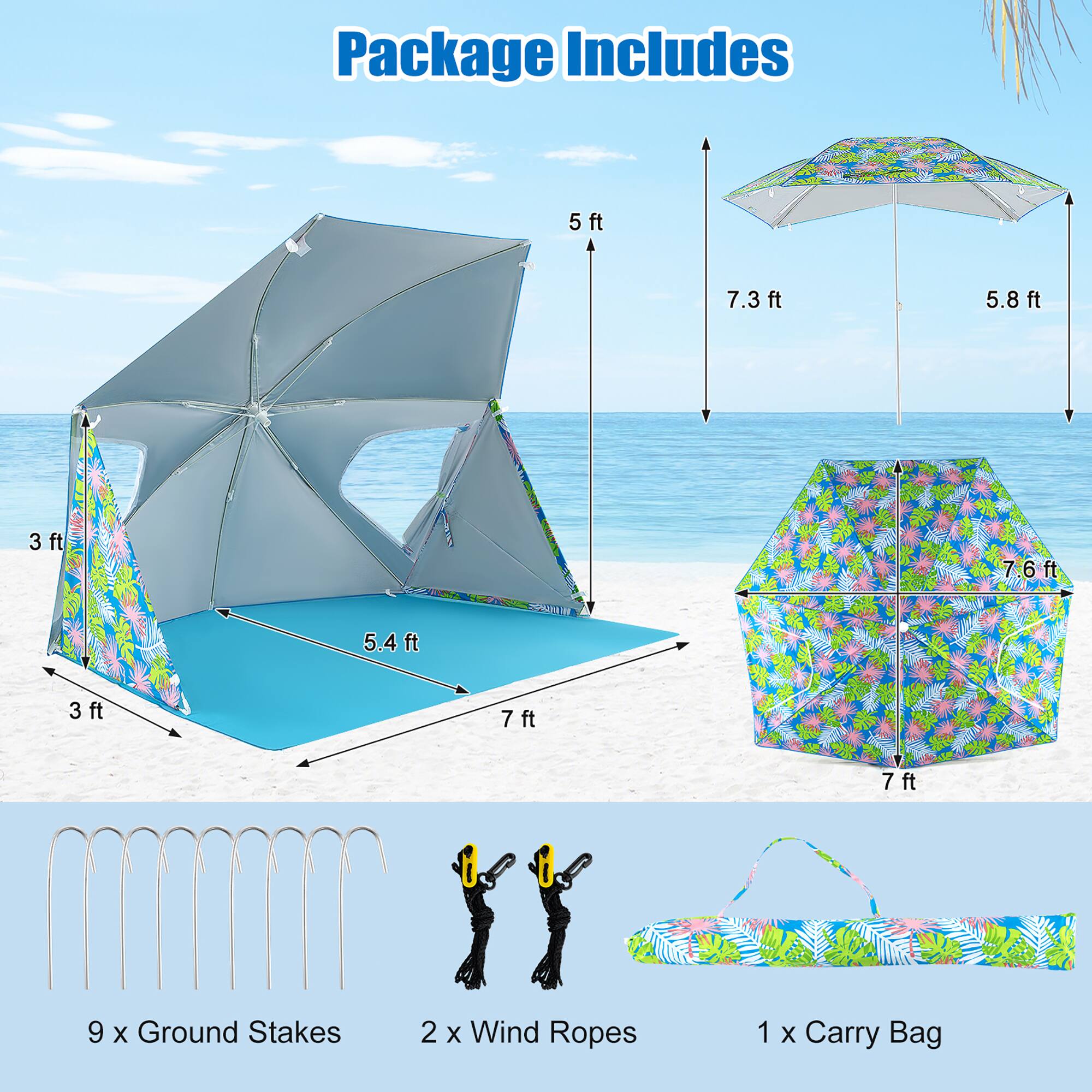 Package Includes

- 5 ft
- 7.3 ft
- 5.8 ft
- 3 ft
- 7.6 ft
- 5.4 ft
- 7 ft
- 9 x Ground Stakes
- 2 x Wind Ropes
- 1 x Carry Bag