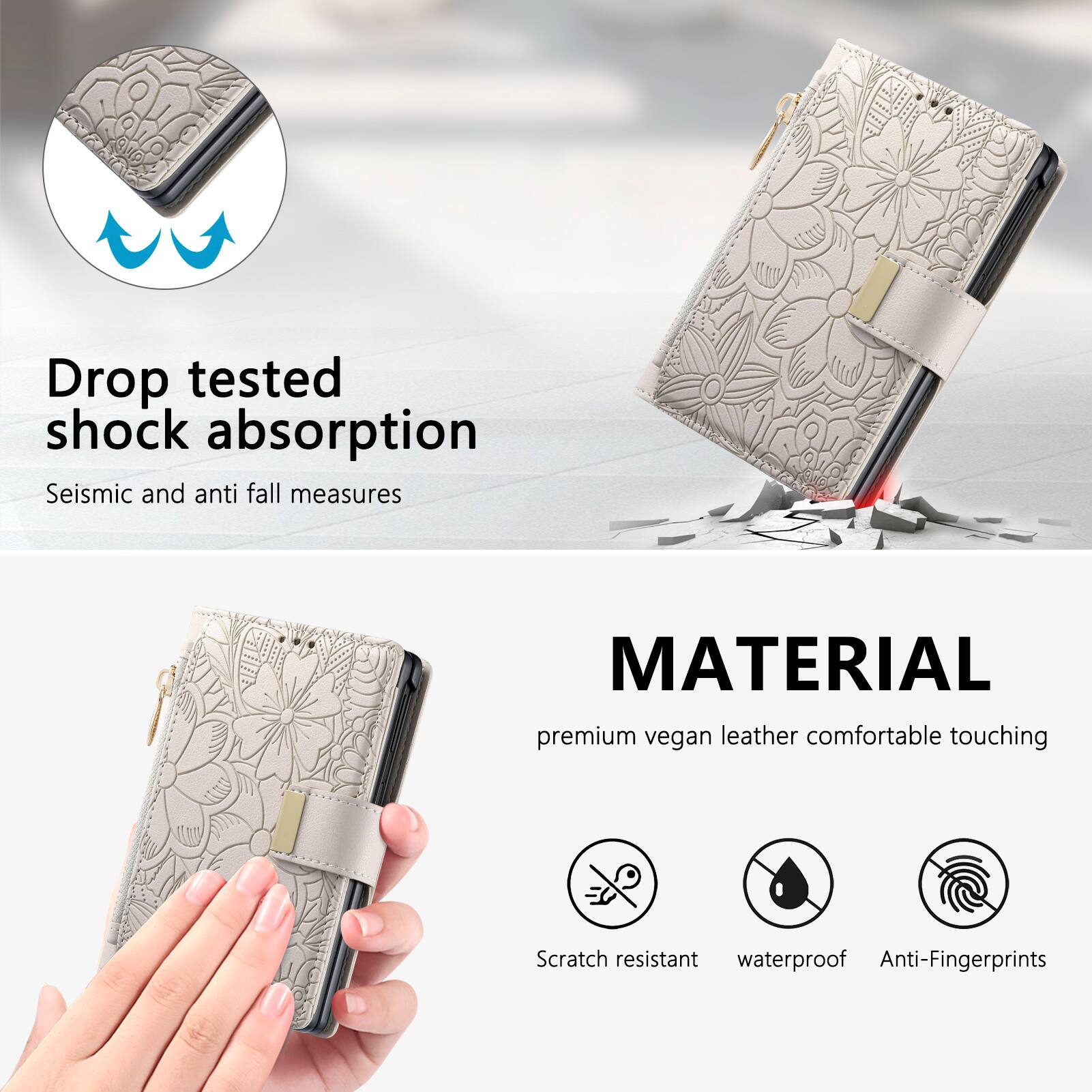 Drop tested shock absorption  
Seismic and anti fall measures

MATERIAL  
premium vegan leather comfortable touching

Scratch resistant  
waterproof  
Anti-Fingerprints