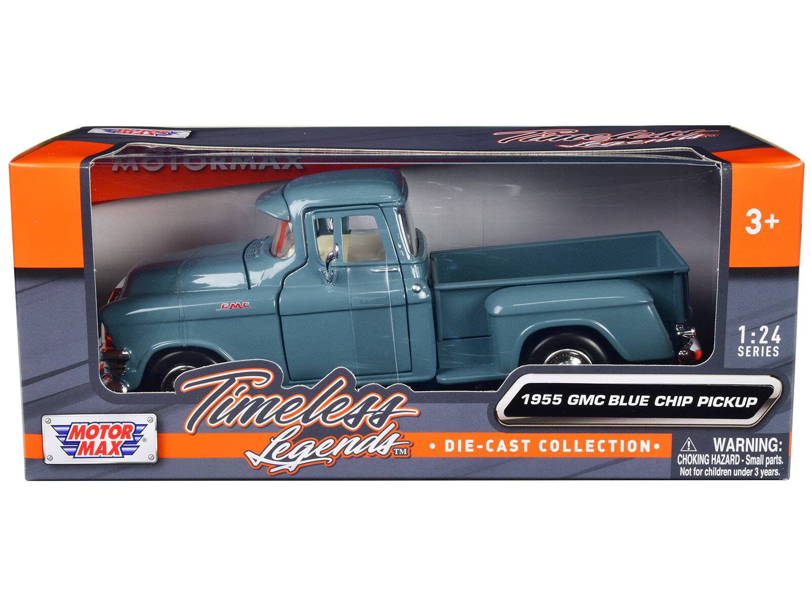 MOTORMAX  
They's  
3+  
CMC  
1:24 000 SERIES C MOTOR 6 Timeless 1955 GMC BLUE CHIP PICKUP MAX Legends TM DIE-CAST COLLECTION  
WARNING: CHOKING HAZARD-Small parts. Not for children under 3 years.