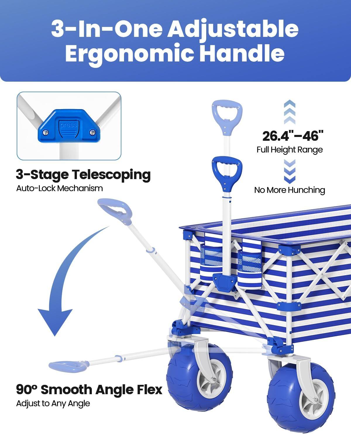 3-In-One Adjustable Ergonomic Handle

press

26.4"-46" Full Height Range

3-Stage Telescoping Auto-Lock Mechanism

No More Hunching

90° Smooth Angle Flex Adjust to Any Angle