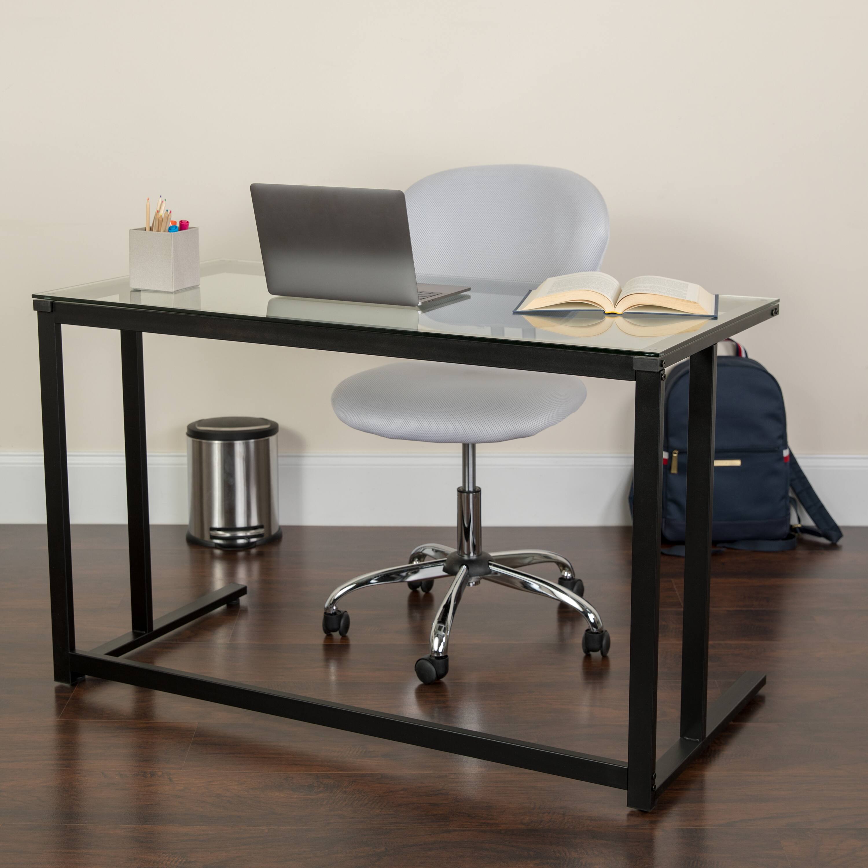 Alt View 1. Emma + Oliver - Glass Top Desk with Pedestal Metal Frame - Home Office Furniture - Clear Top/Black Frame.