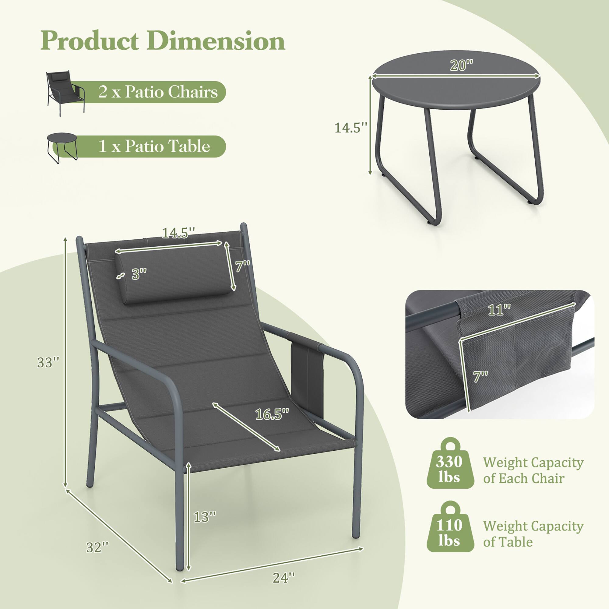 Product Dimension
2 x Patio Chairs
1 x Patio Table

20"
14.5"
14.5"
3"
7"
11"
33"
7"
16.5"
330 lbs of Each Chair
32"
13"
110 lbs of Table
24"