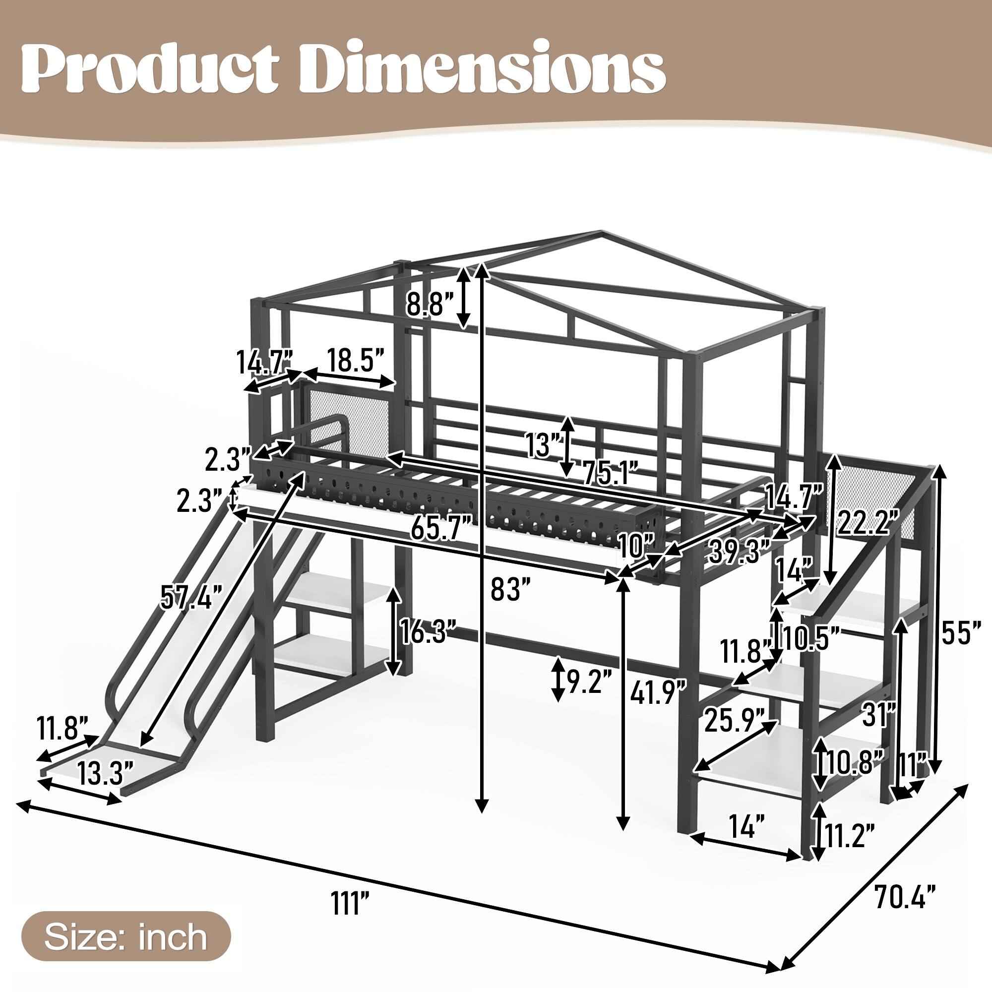 Product Dimensions:  
8.8" x 14.7" x 18.5" x 2.3" x 2.3" x 57.4" x 11.8" x 13.3" x 13" x 75.1" x 14.7" x 65.7" x 22.2" x 10" x 39.3" x 14" x 83" x 16.3" x 10.5" x 55" x 11.8" x 9.2" x 41.9" x 25.9" x 31" x 110.8" x 11" x 14" x 11.2"  
Size: inch