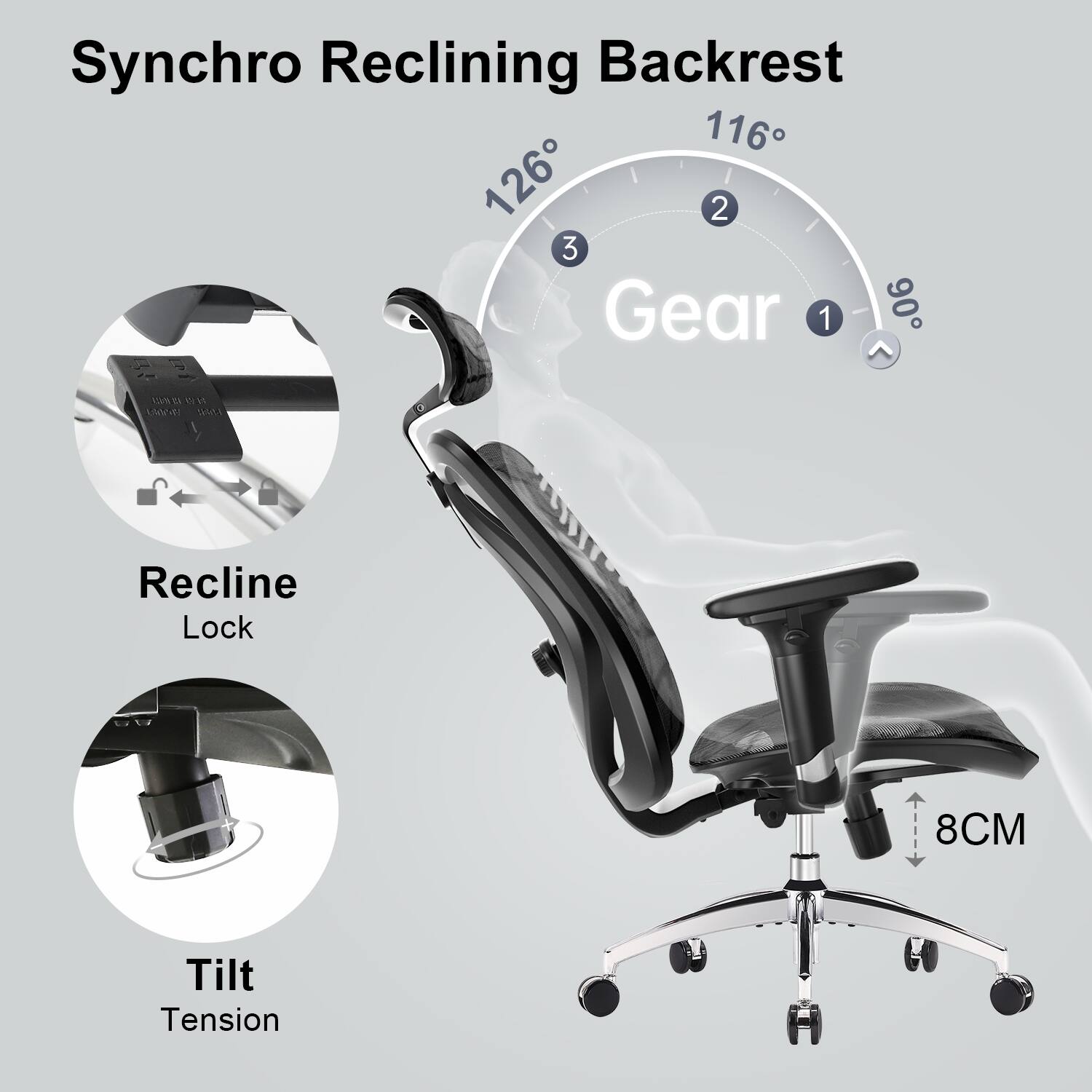 Synchro Reclining Backrest 116 126 2 3 Gear 1 90 wH ord WSE Recline Lock UW 8CM Tilt Tension