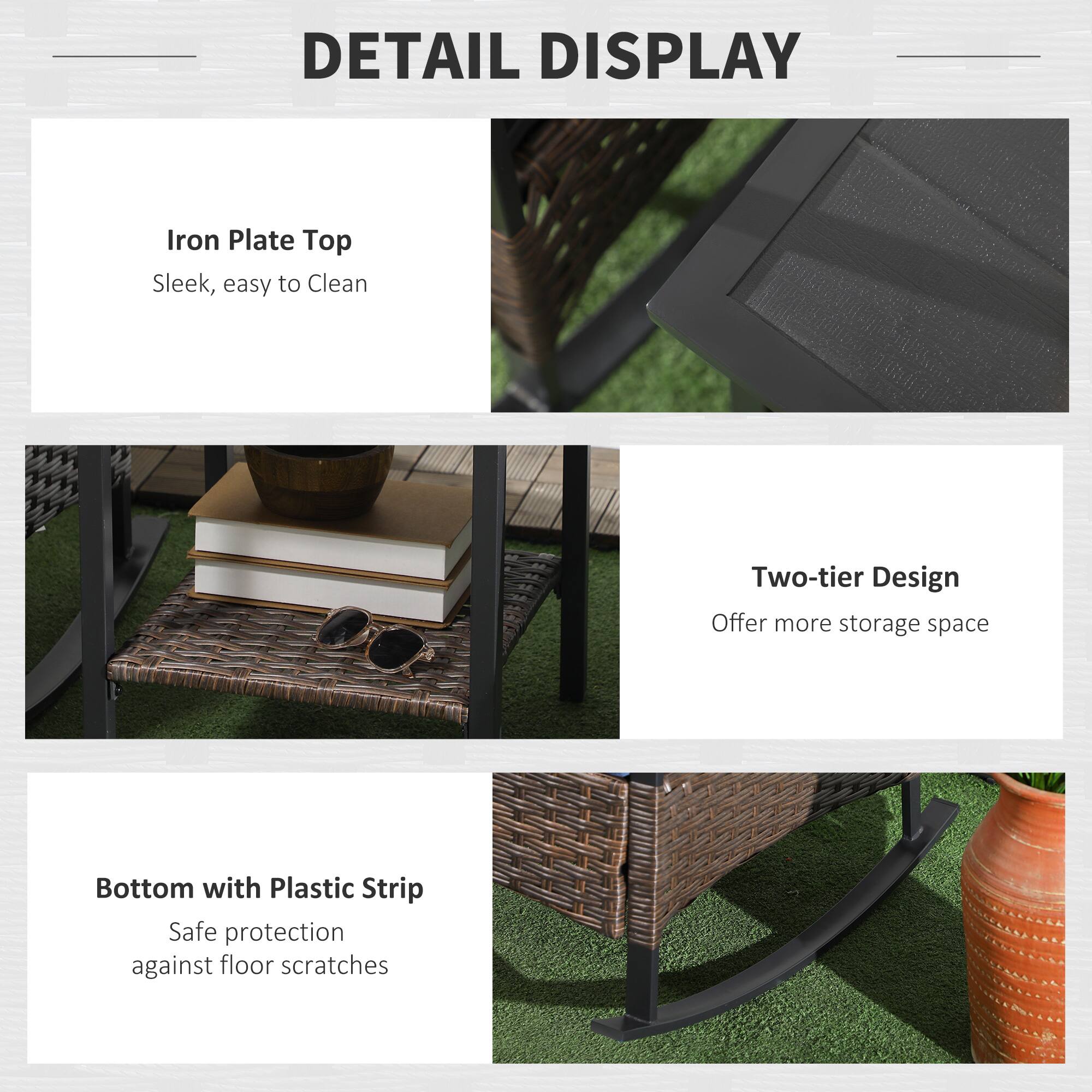 DETAIL DISPLAY

Iron Plate Top
Sleek, easy to Clean

Two-tier Design
Offer more storage space

Bottom with Plastic Strip
Safe protection against floor scratches