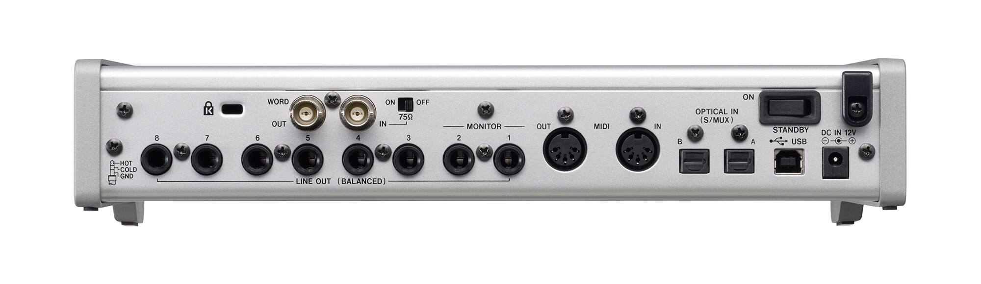 8
K 7
WORD OUT 6
5
4
ON OFF 75Ω IN 3
MONITOR 2 1
OUT
MIDI
IN
8
ON OPTICAL IN (S/MUX) A
STANDBY DC IN 12V USB
HOT COLD GND
LINE OUT (BALANCED)