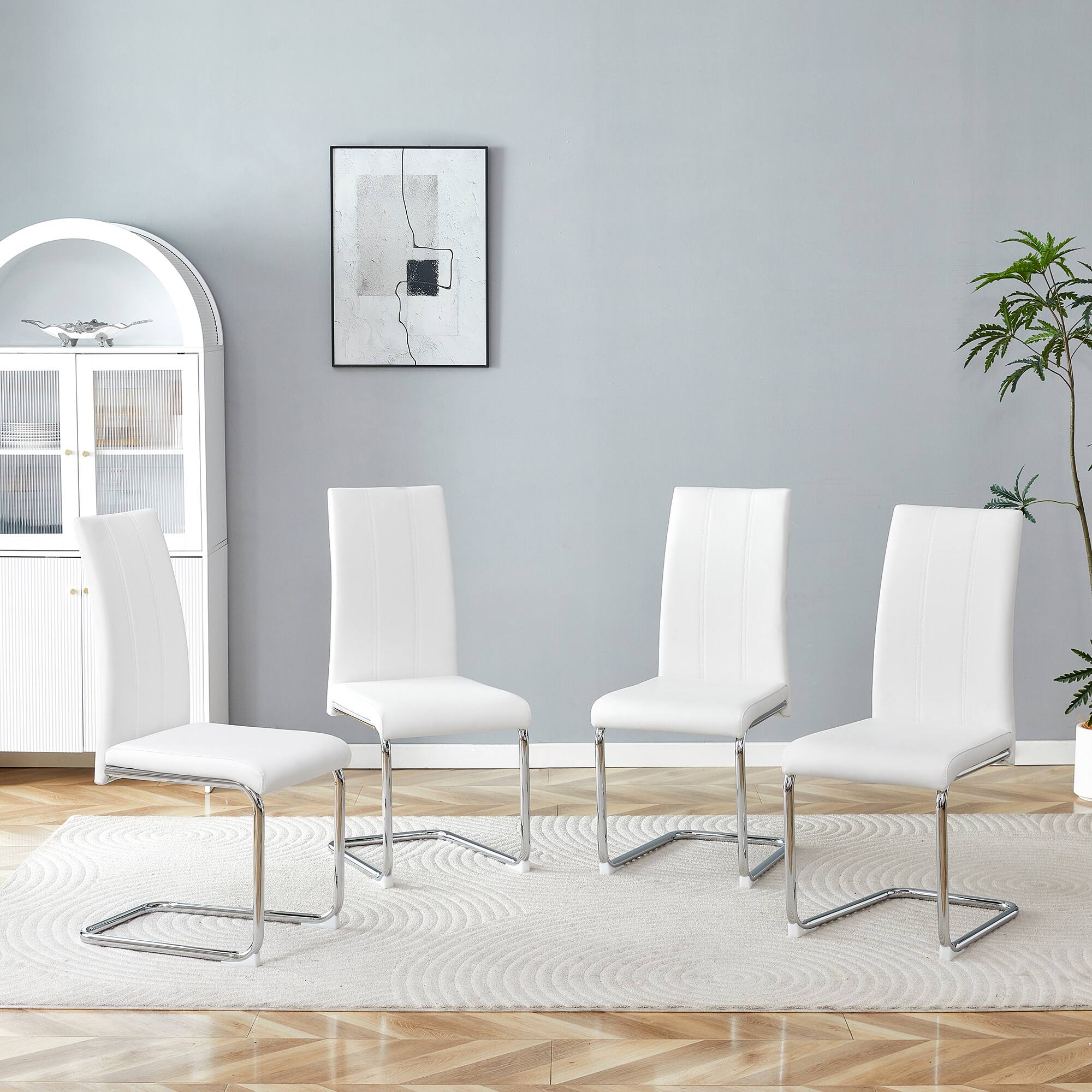 Angle. Loheer - Modern High Back Dining Chairs Set of 4 with Chrome Legs 1.8x1.4x3.3ft - White.