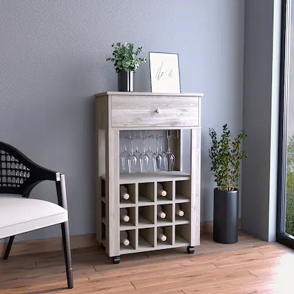 Front. TinyHomie - Memphis Bar Cart Twelve Built-in Wine Rack Four Legs One Open Shelf -Light Gray.