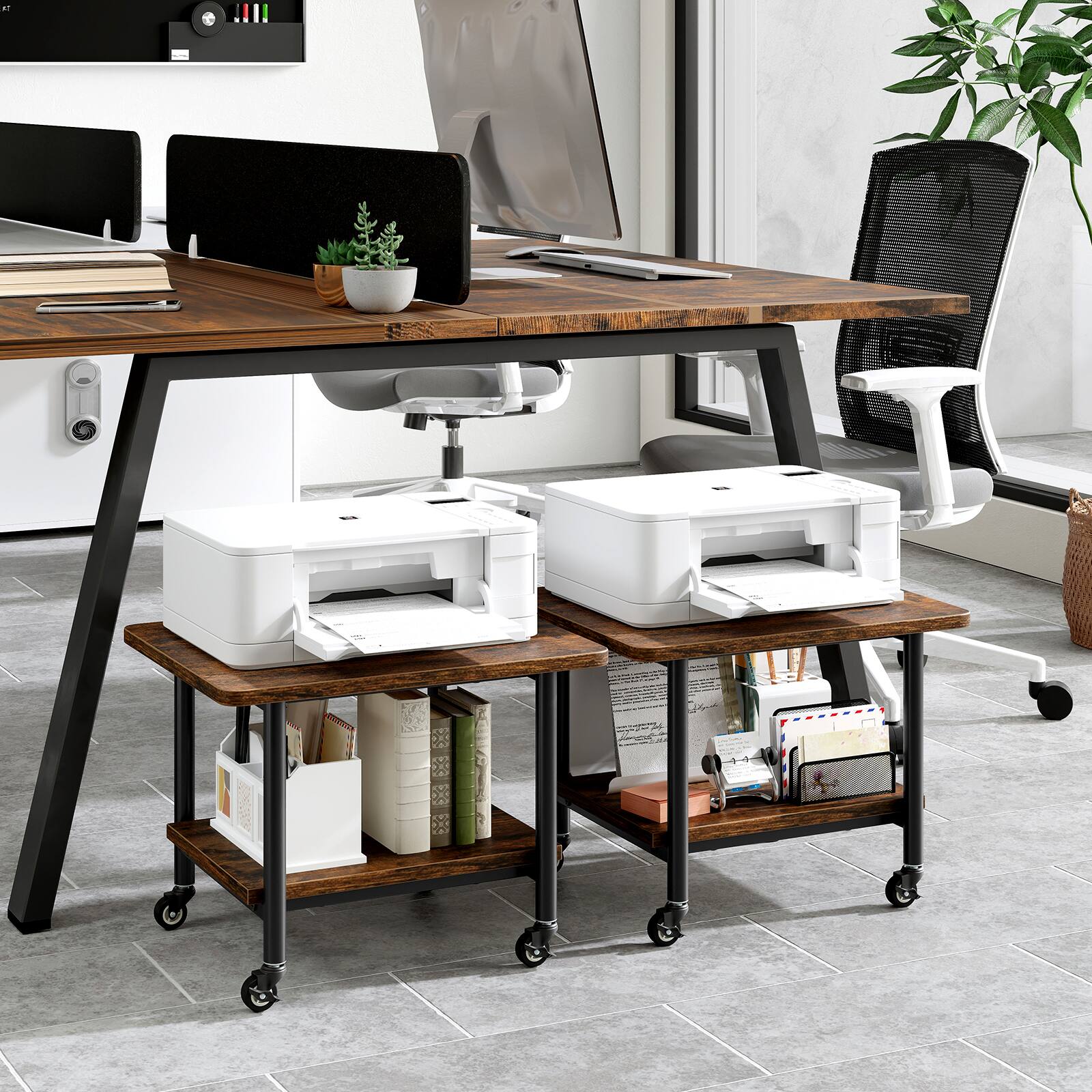 Alt View 8. Gymax - Gymax Under Desk Printer Stand 2-Tier Mobile Printer Table w/ Storage Shelf Lockable Wheels - Brown.