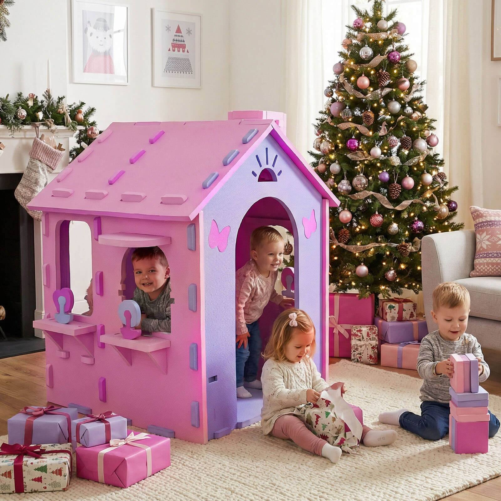 Alt View 1. Costway - Costway Kids EVA Foam Playhouse with Roof, Chimney, Windows & Doorways for Creative Play - Pink + Purple.