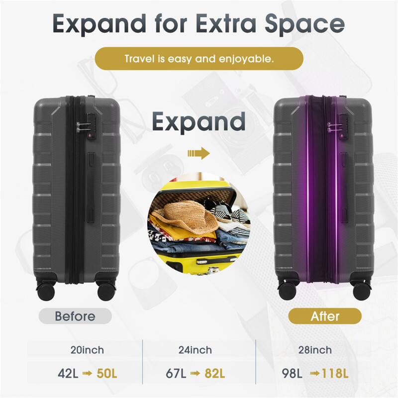 Expand for Extra Space  
Travel is easy and enjoyable.  

Before  
20inch 42L → 50L  
24inch 67L → 82L  
28inch 98L → 118L  

After