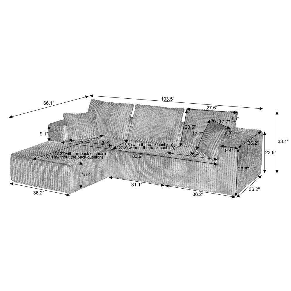 66.1"  
103.5"  
27.6"  
9.1"  
26.4"  
47" (with the back cushion)  
57" (without the back cushion)  
18.5" (with the back cushion)  
27.2" (without the back cushion)  
83.9"  
20.5"  
17.7"  
26.4"  
67"  
17.7"  
5.9"  
9.4"  
36.2"  
33.1"  
23.6"  
15.4"  
31.1"  
36.2"  
36.2"  
36.2"