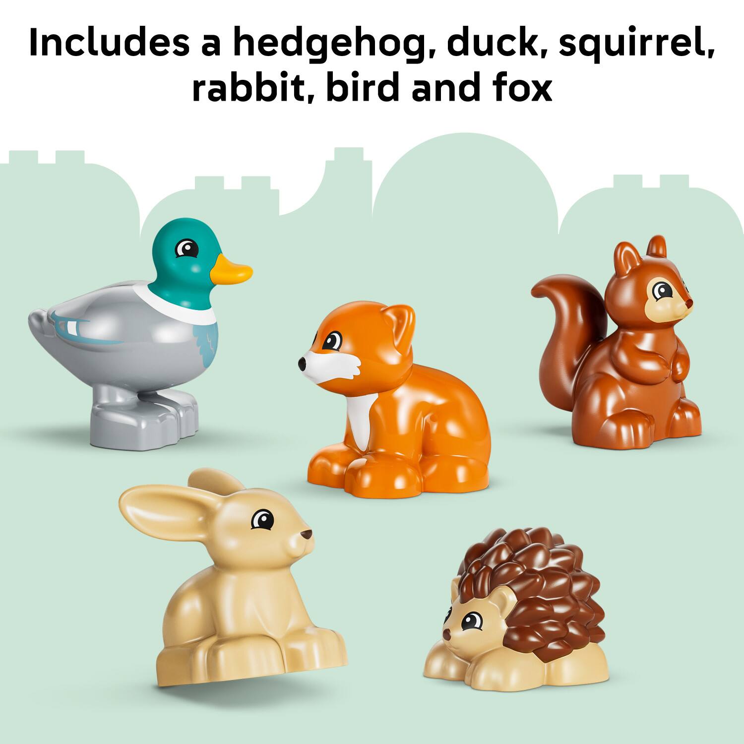 Includes a hedgehog, duck, squirrel, rabbit, bird and fox